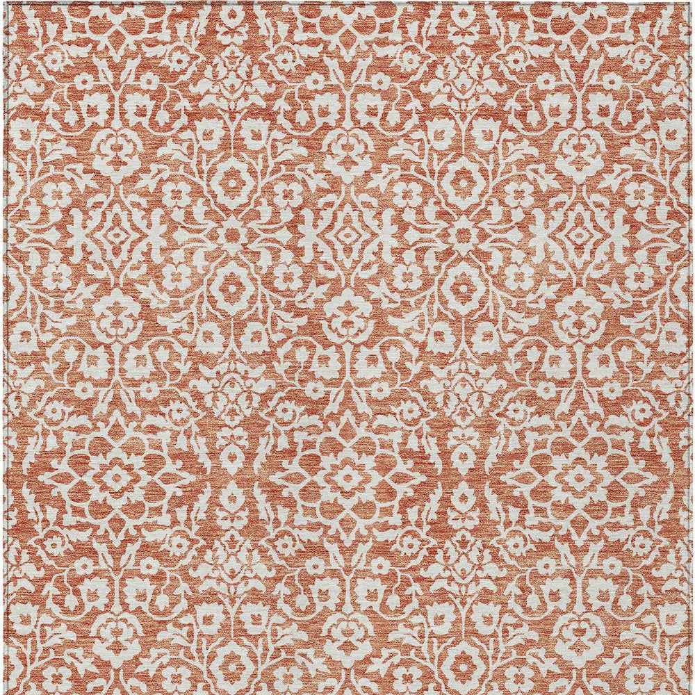 5' X 8' Coral And Ivory Damask Washable Indoor Outdoor Area Rug