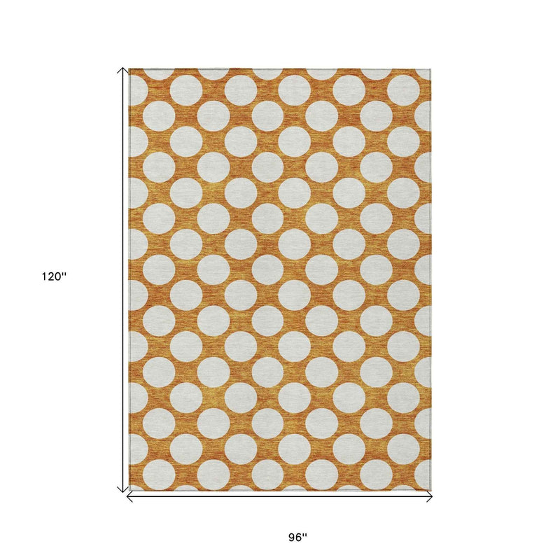 8' X 10' Orange And Ivory Polka Dot Washable Indoor Outdoor Area Rug