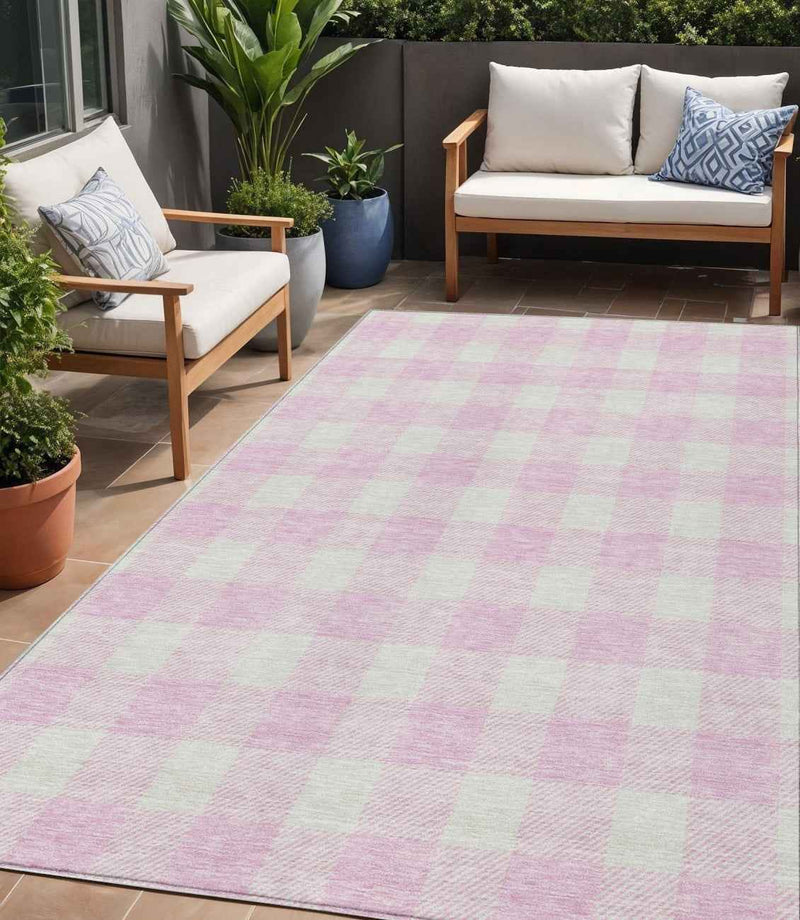 5' X 8' Pink And Gray Plaid Washable Indoor Outdoor Area Rug