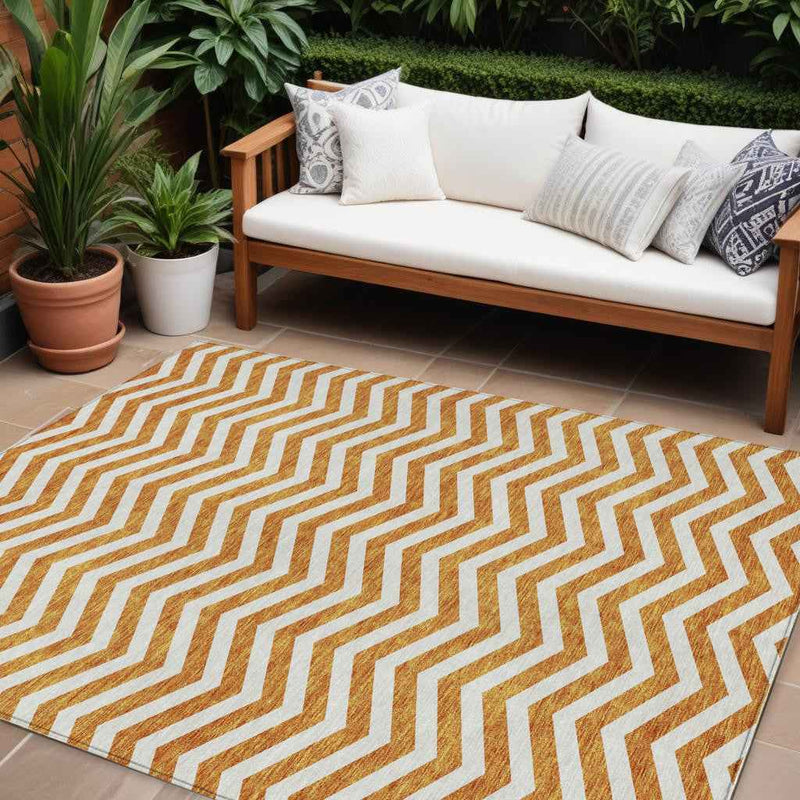 8' X 10' Orange And Beige Chevron Washable Indoor Outdoor Area Rug