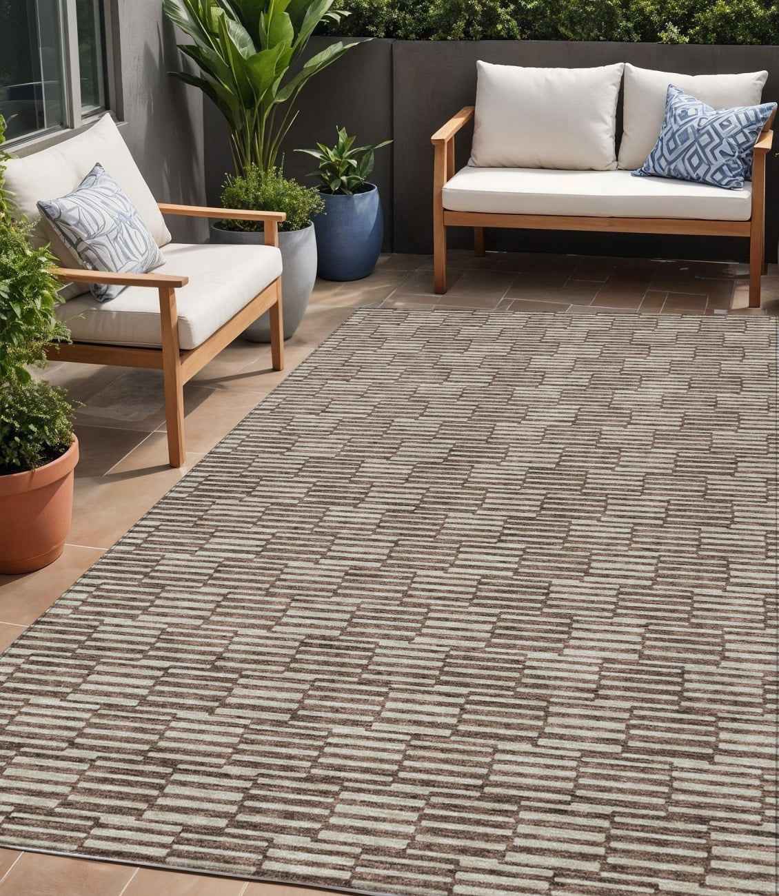 5' X 8' Brown And Beige Geometric Washable Indoor Outdoor Area Rug