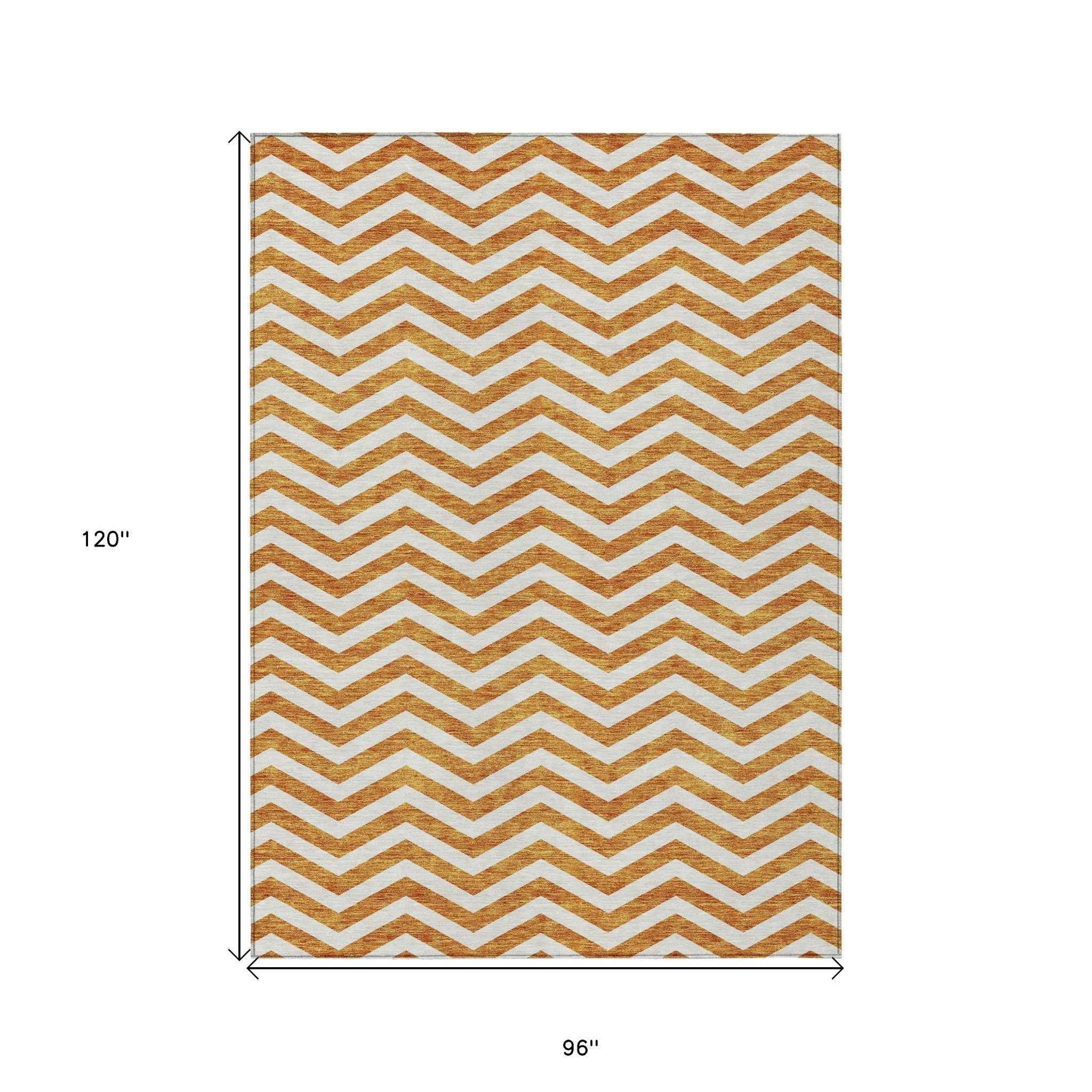 8' X 10' Orange And Beige Chevron Washable Indoor Outdoor Area Rug