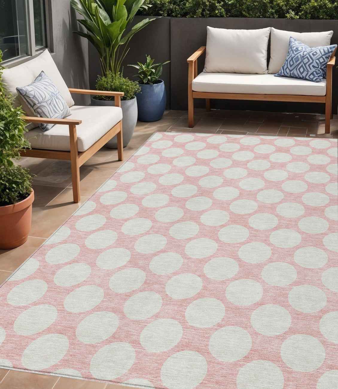 5' X 8' Pink And Gray Polka Dot Washable Indoor Outdoor Area Rug