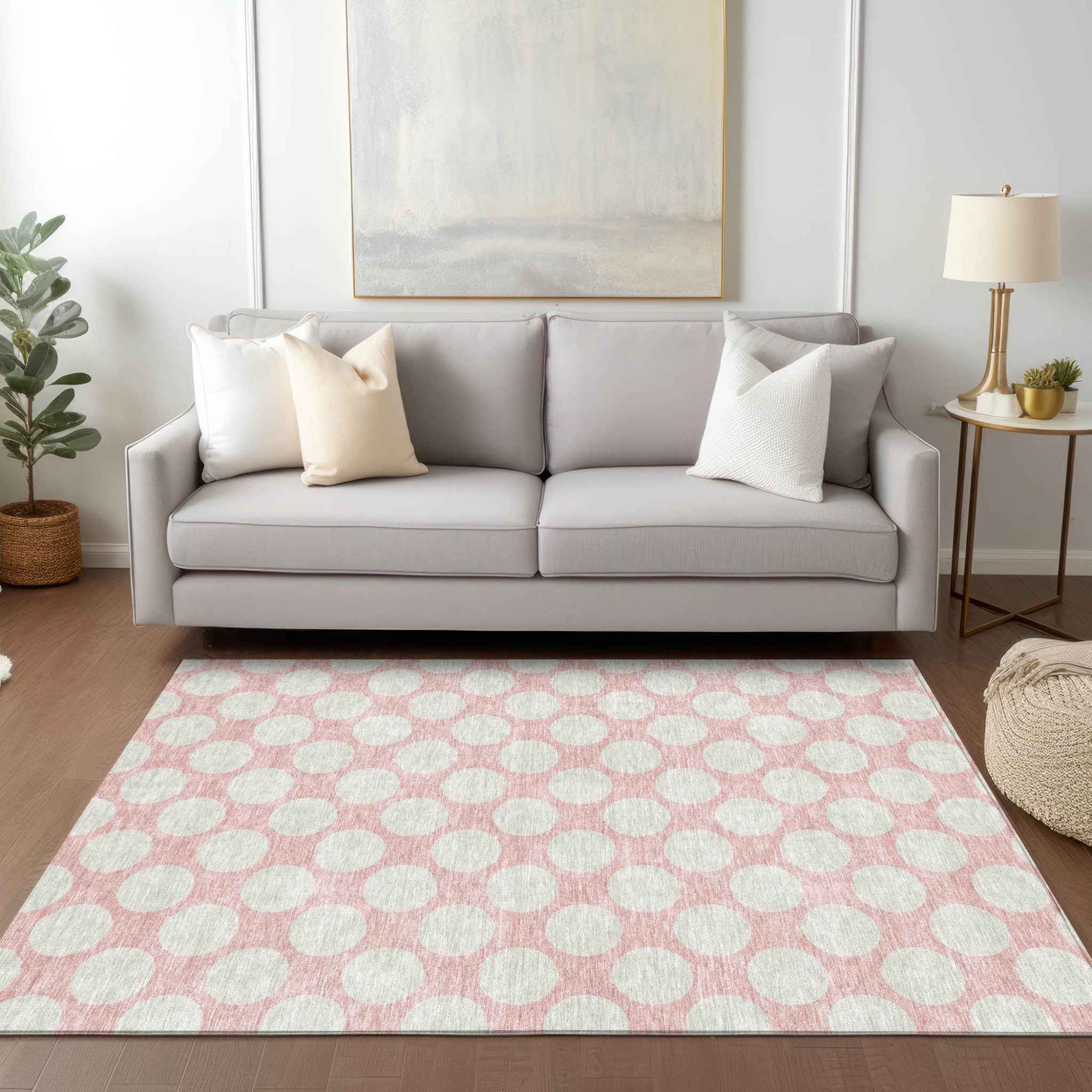 5' X 8' Pink And Gray Polka Dot Washable Indoor Outdoor Area Rug