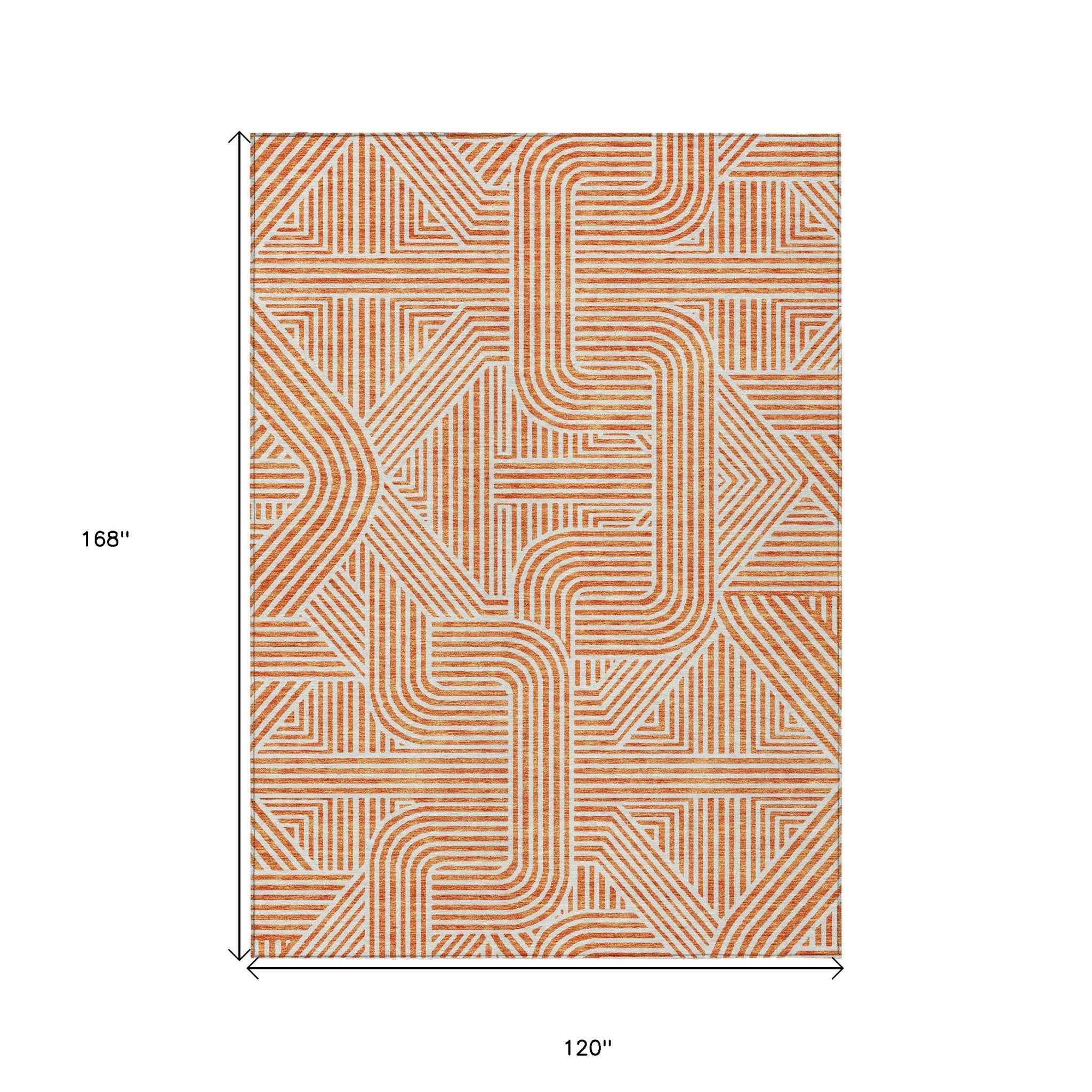 10' X 14' Orange And Ivory Abstract Washable Indoor Outdoor Area Rug