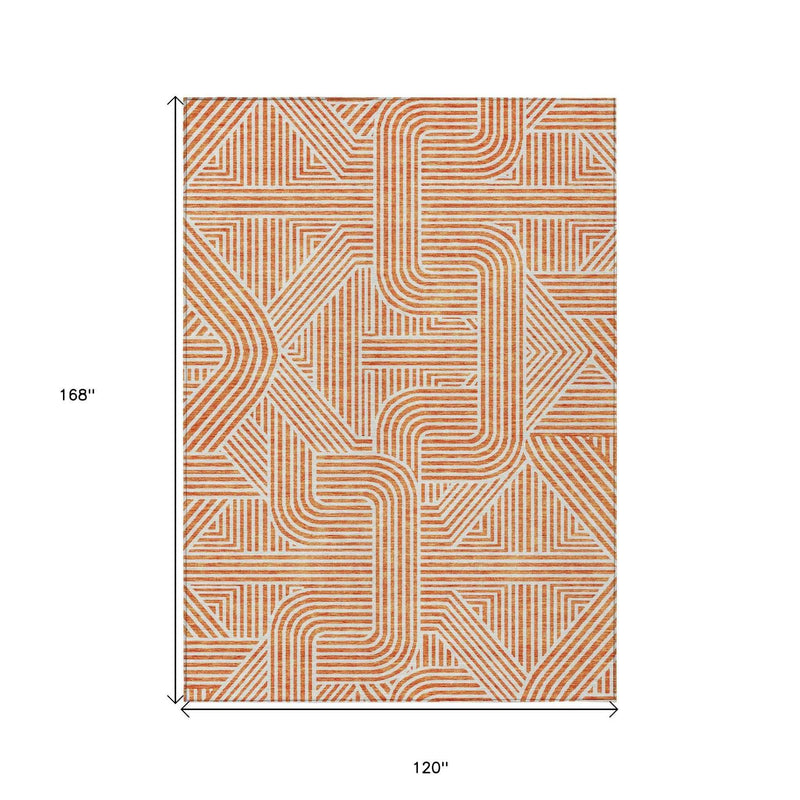 10' X 14' Orange And Ivory Abstract Washable Indoor Outdoor Area Rug