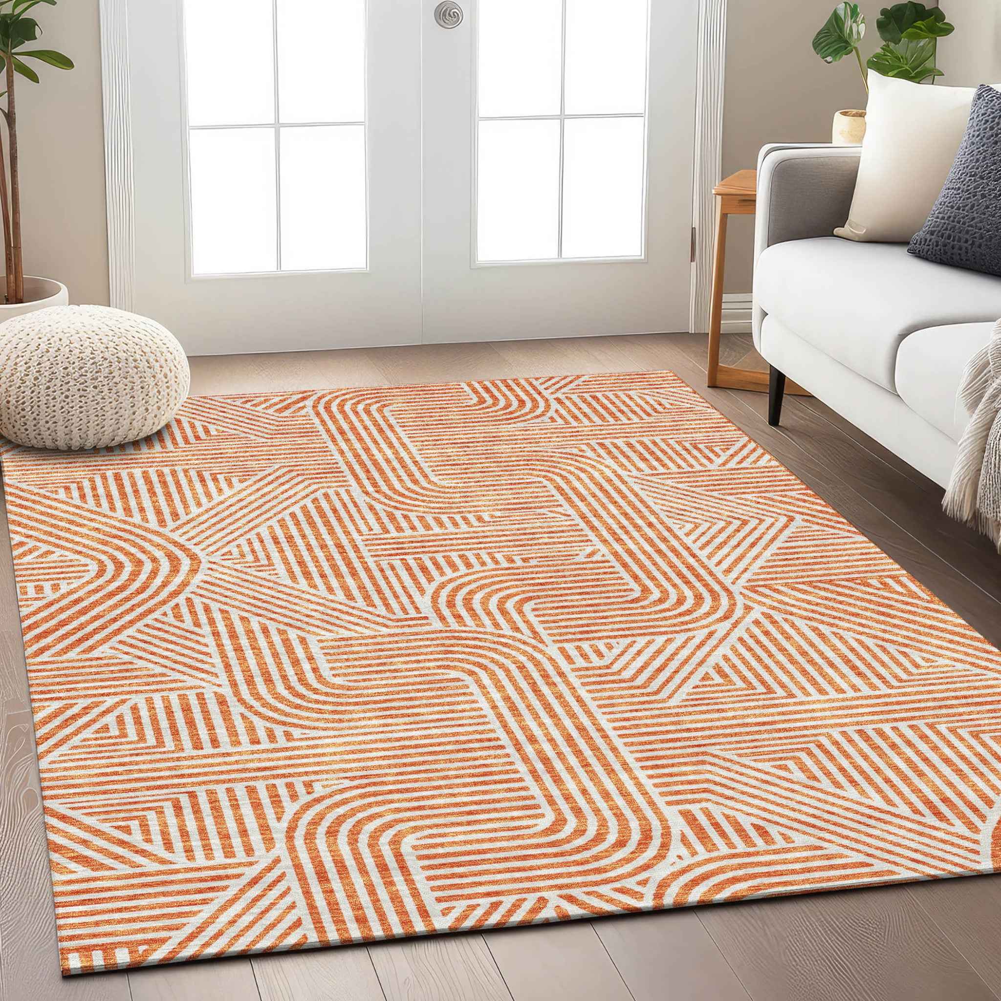 10' X 14' Orange And Ivory Abstract Washable Indoor Outdoor Area Rug