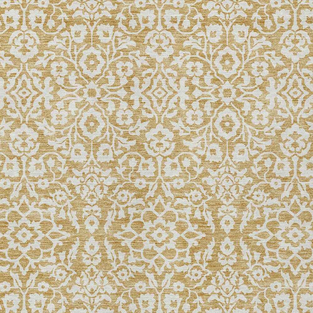 9' X 12' Gold And Beige Damask Washable Indoor Outdoor Area Rug