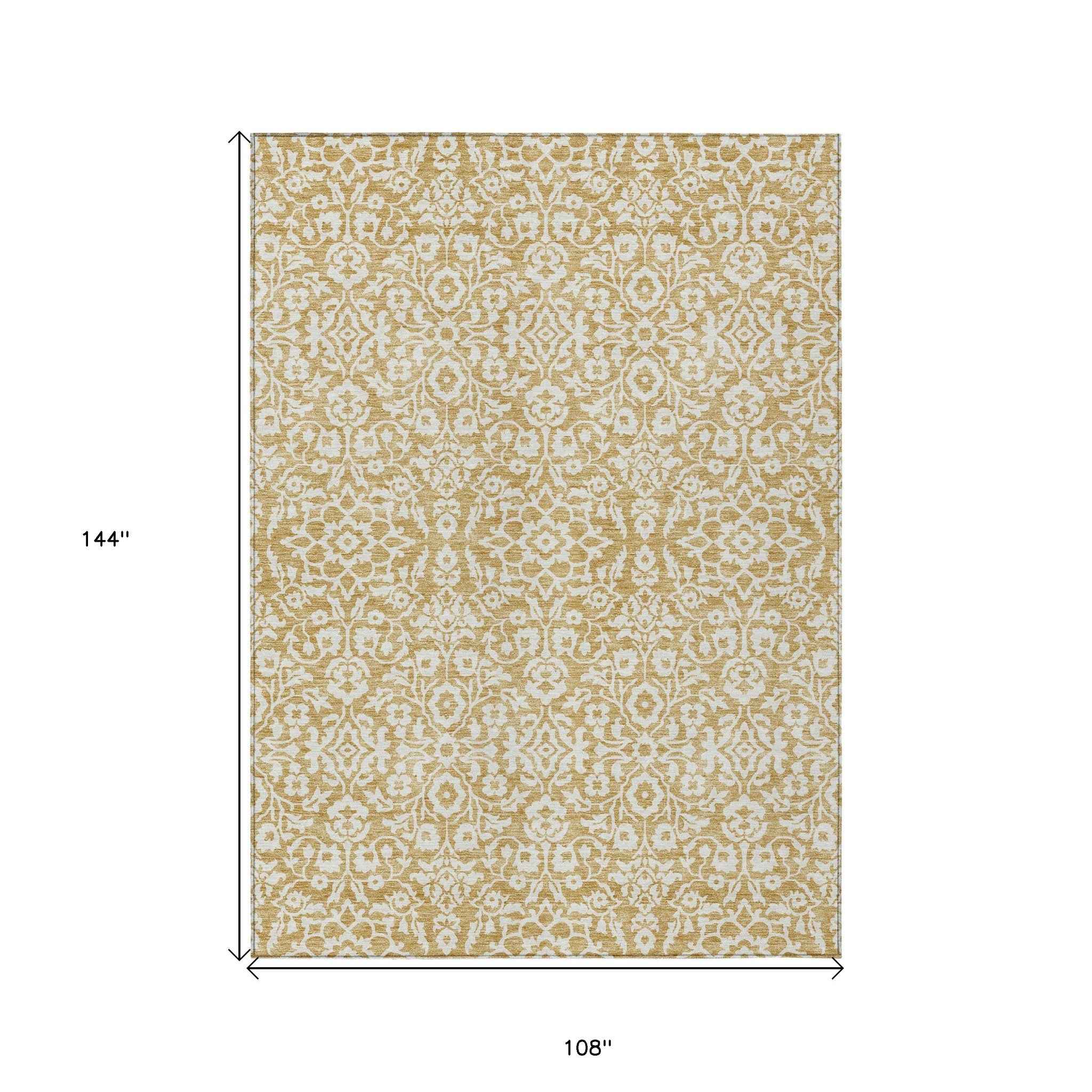9' X 12' Gold And Beige Damask Washable Indoor Outdoor Area Rug