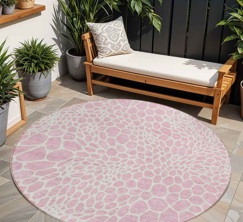 8' Pink And Ivory Round Geometric Washable Indoor Outdoor Area Rug