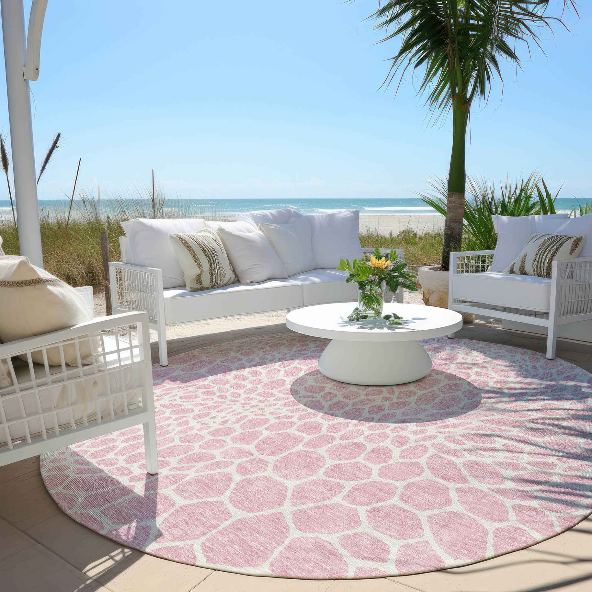8' Pink And Ivory Round Geometric Washable Indoor Outdoor Area Rug