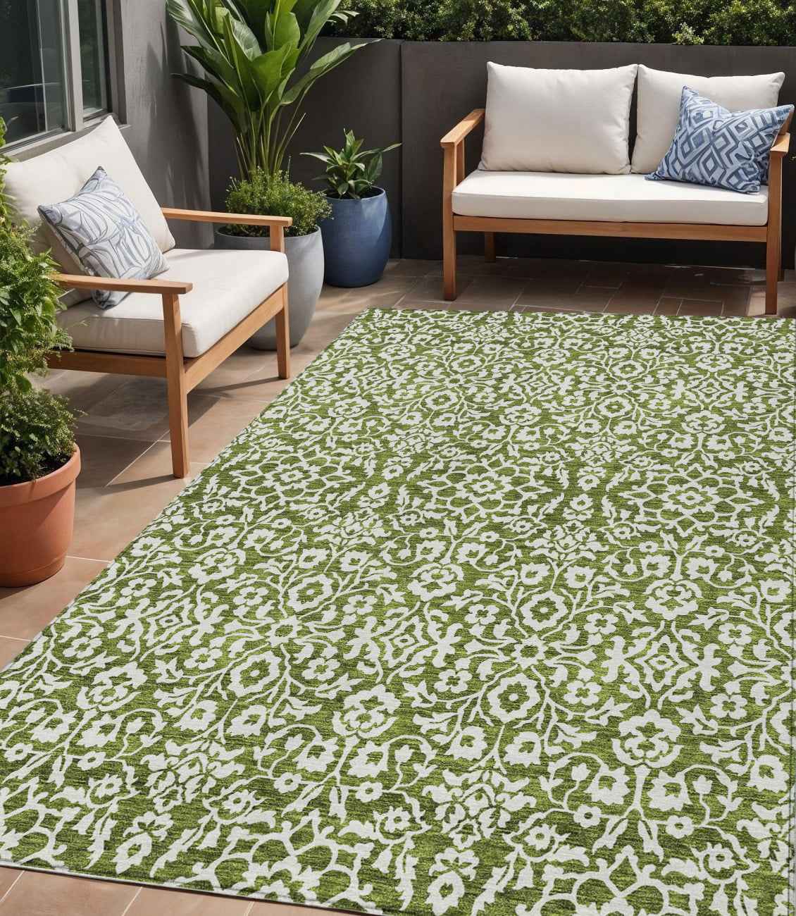 5' X 8' Olive Green And Ivory Damask Washable Indoor Outdoor Area Rug
