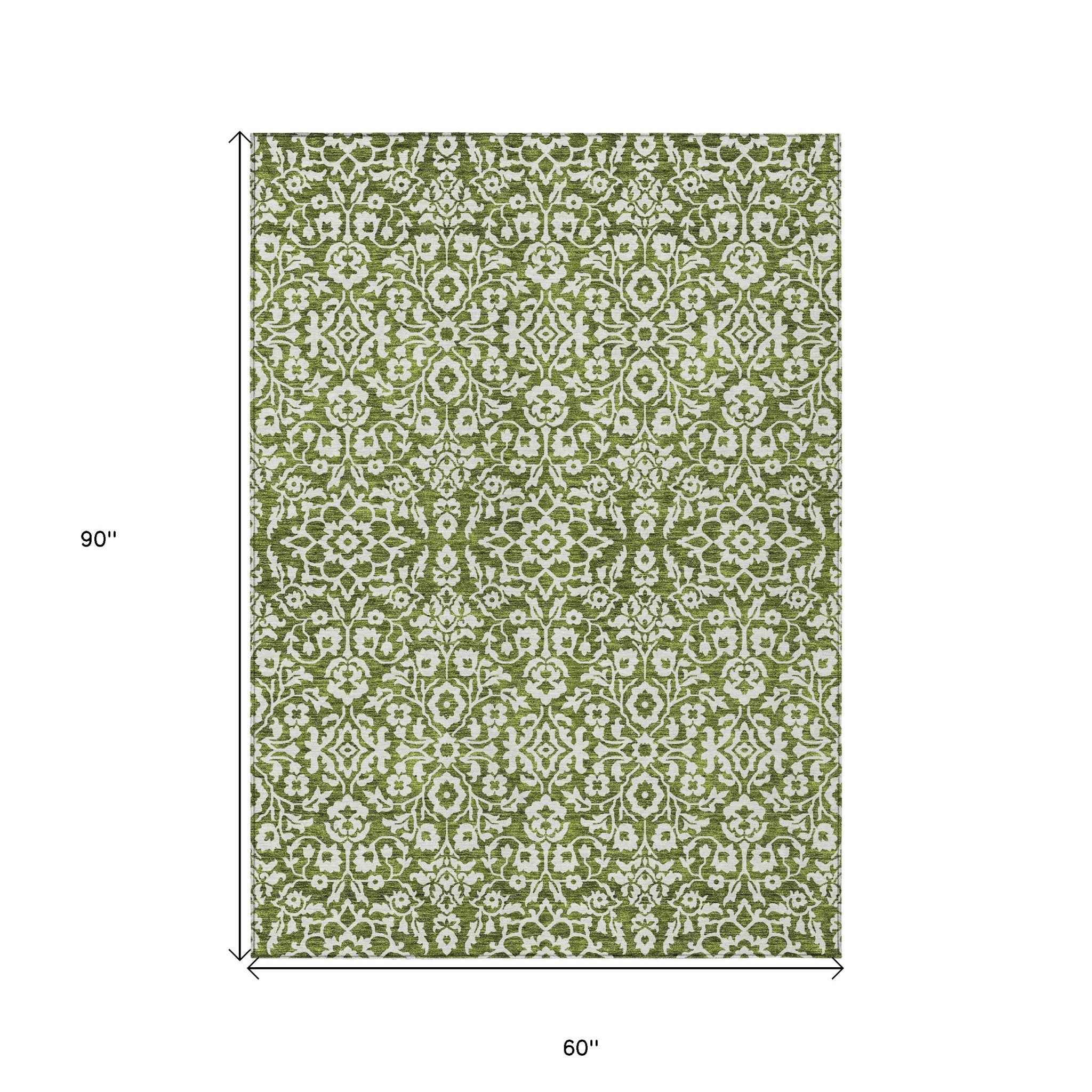 5' X 8' Olive Green And Ivory Damask Washable Indoor Outdoor Area Rug