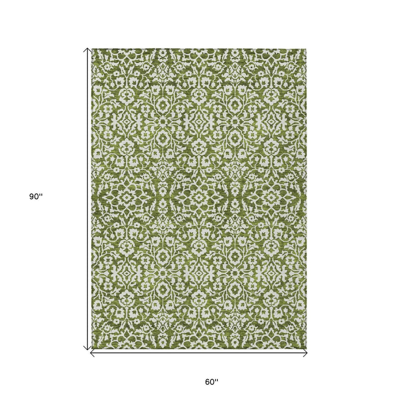 5' X 8' Olive Green And Ivory Damask Washable Indoor Outdoor Area Rug