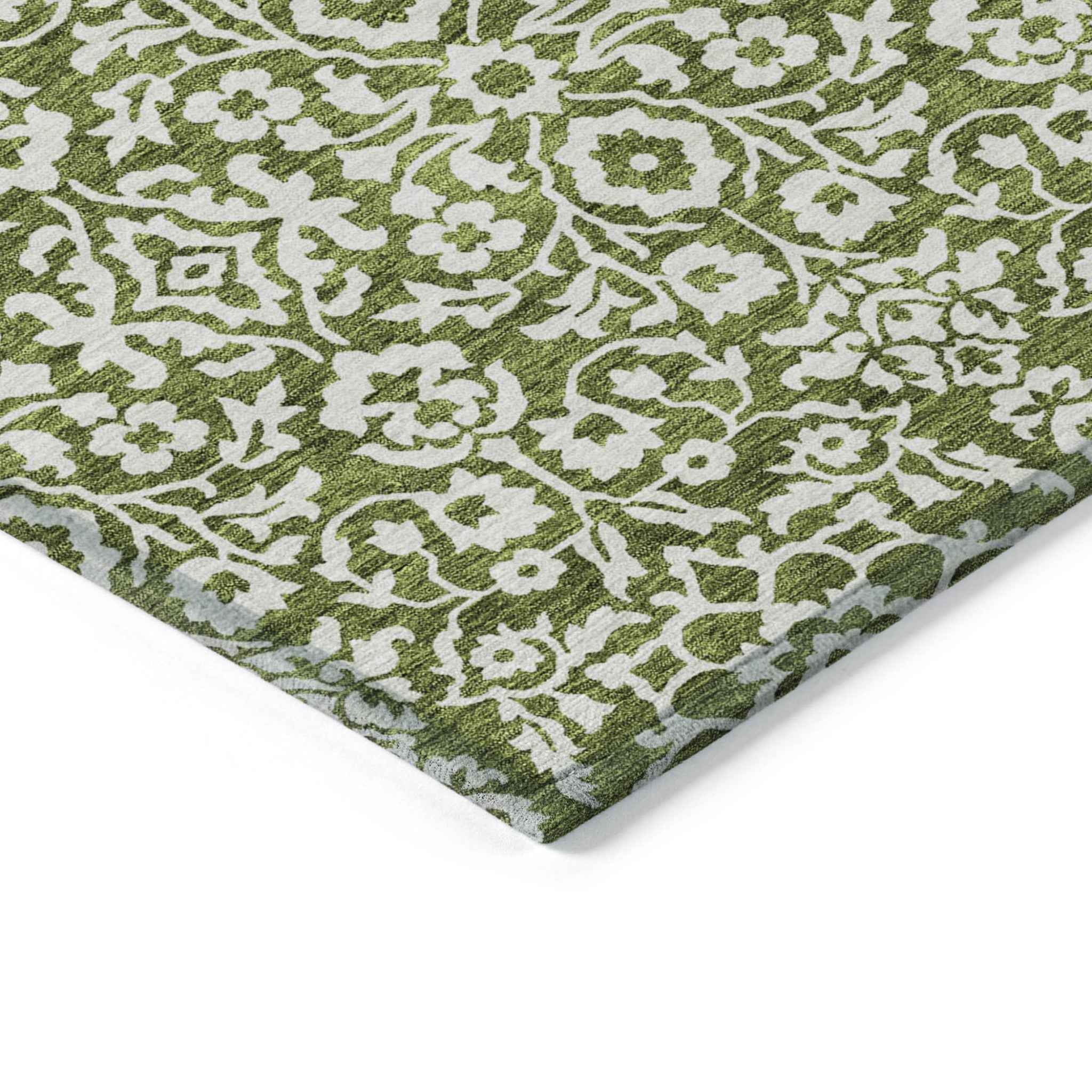 5' X 8' Olive Green And Ivory Damask Washable Indoor Outdoor Area Rug