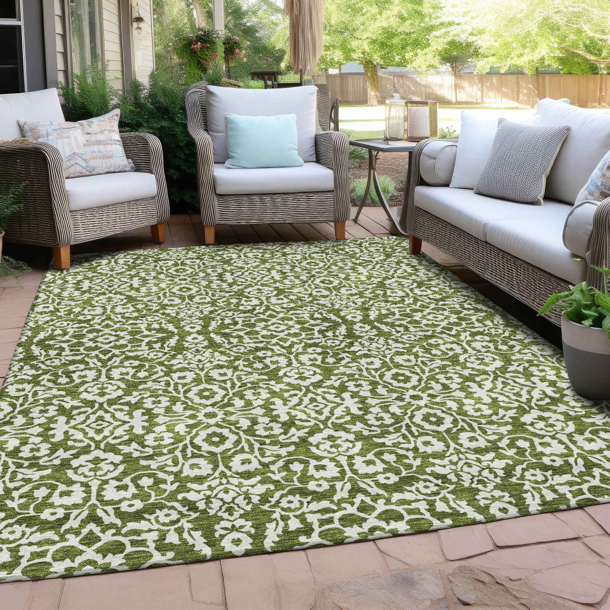 5' X 8' Olive Green And Ivory Damask Washable Indoor Outdoor Area Rug