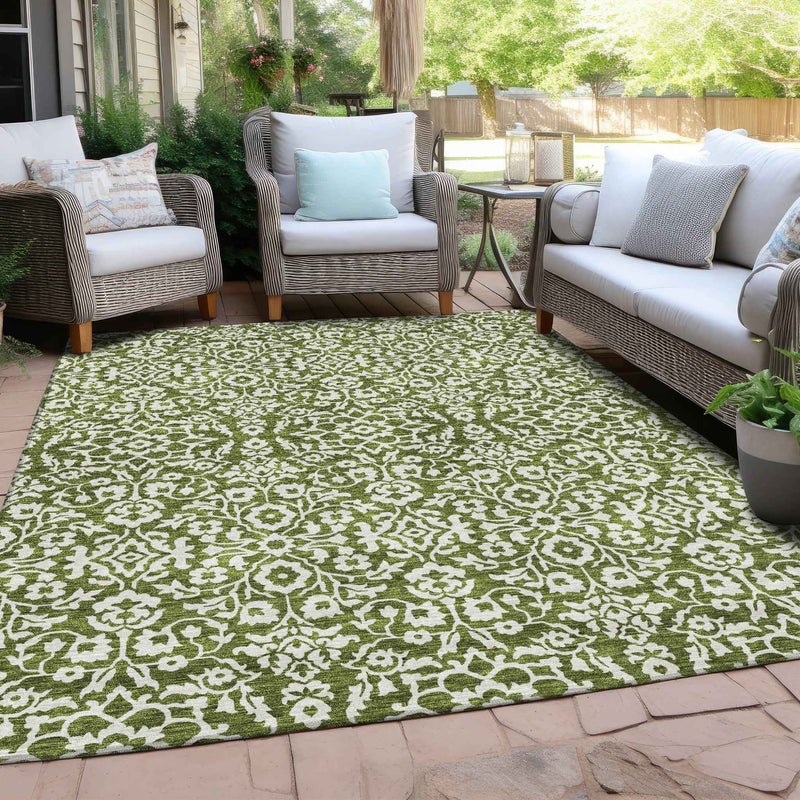 5' X 8' Olive Green And Ivory Damask Washable Indoor Outdoor Area Rug