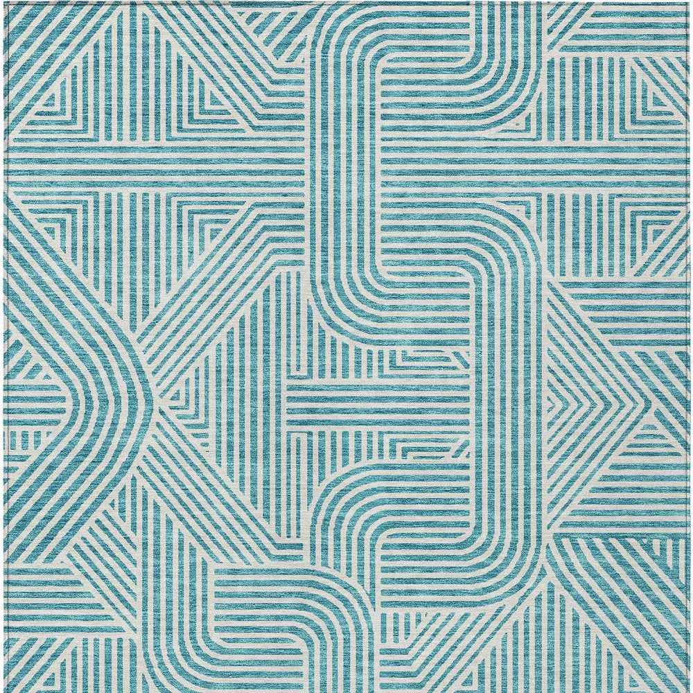3' X 5' Teal Blue And Ivory Abstract Washable Indoor Outdoor Area Rug