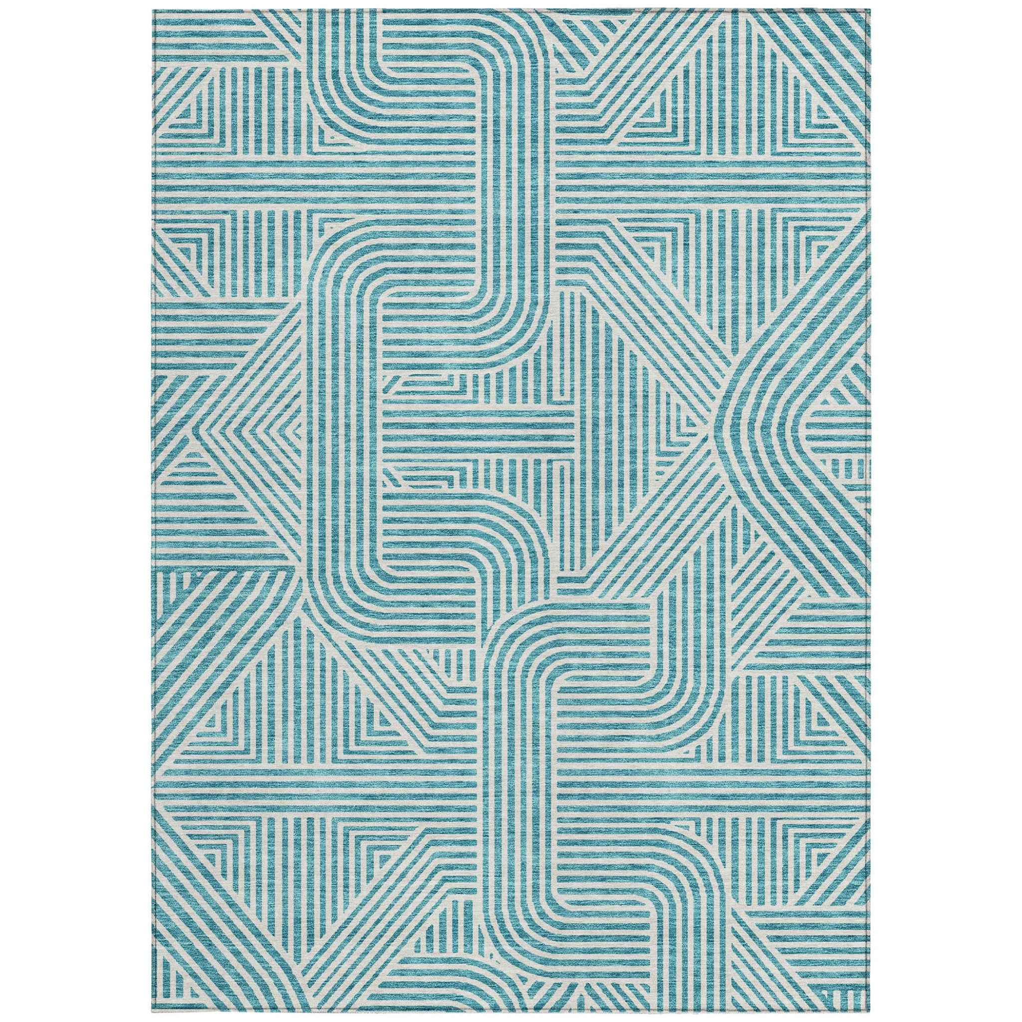 3' X 5' Teal Blue And Ivory Abstract Washable Indoor Outdoor Area Rug