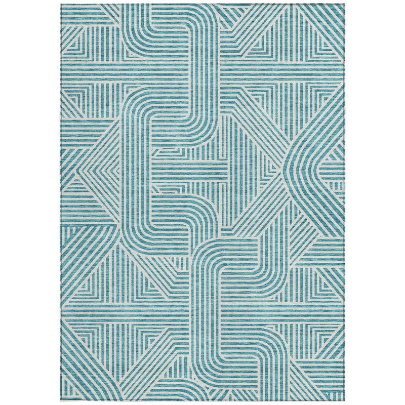 3' X 5' Teal Blue And Ivory Abstract Washable Indoor Outdoor Area Rug