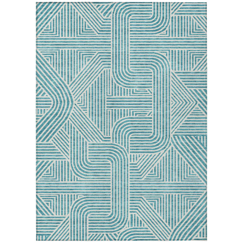 3' X 5' Teal Blue And Ivory Abstract Washable Indoor Outdoor Area Rug