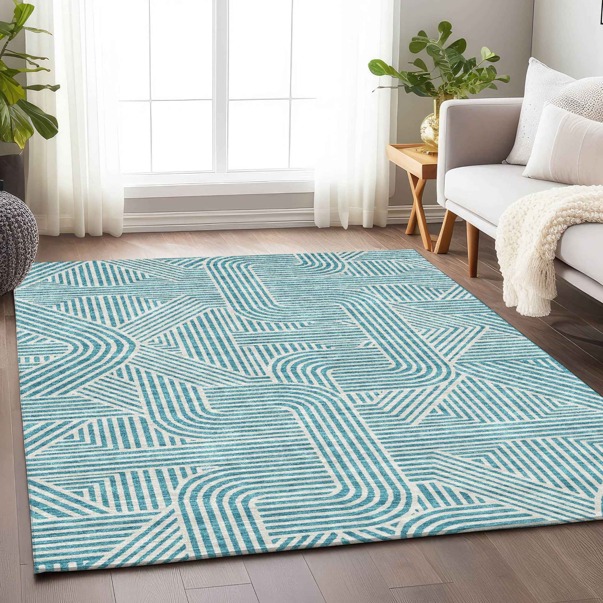 3' X 5' Teal Blue And Ivory Abstract Washable Indoor Outdoor Area Rug