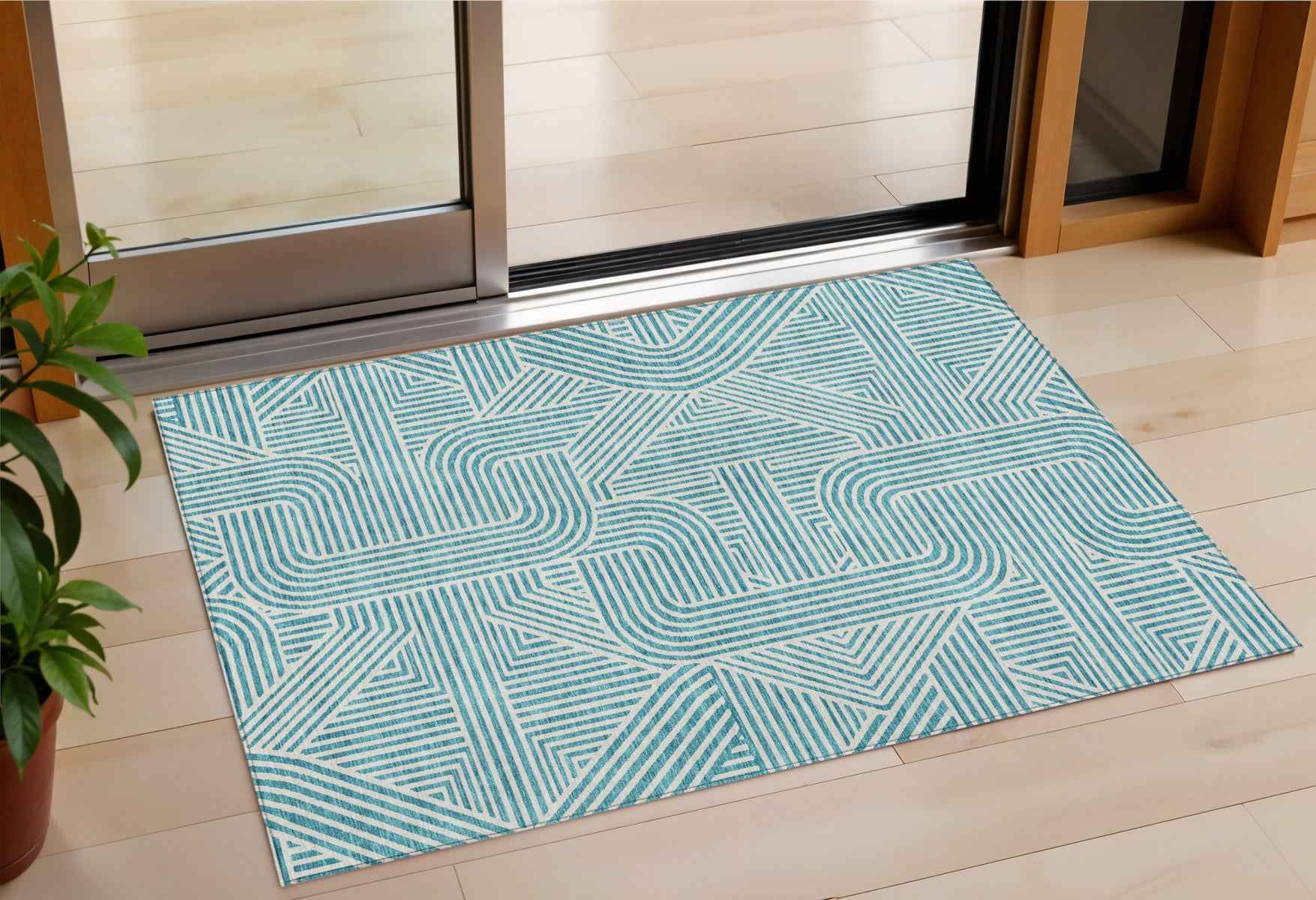 3' X 5' Teal Blue And Ivory Abstract Washable Indoor Outdoor Area Rug