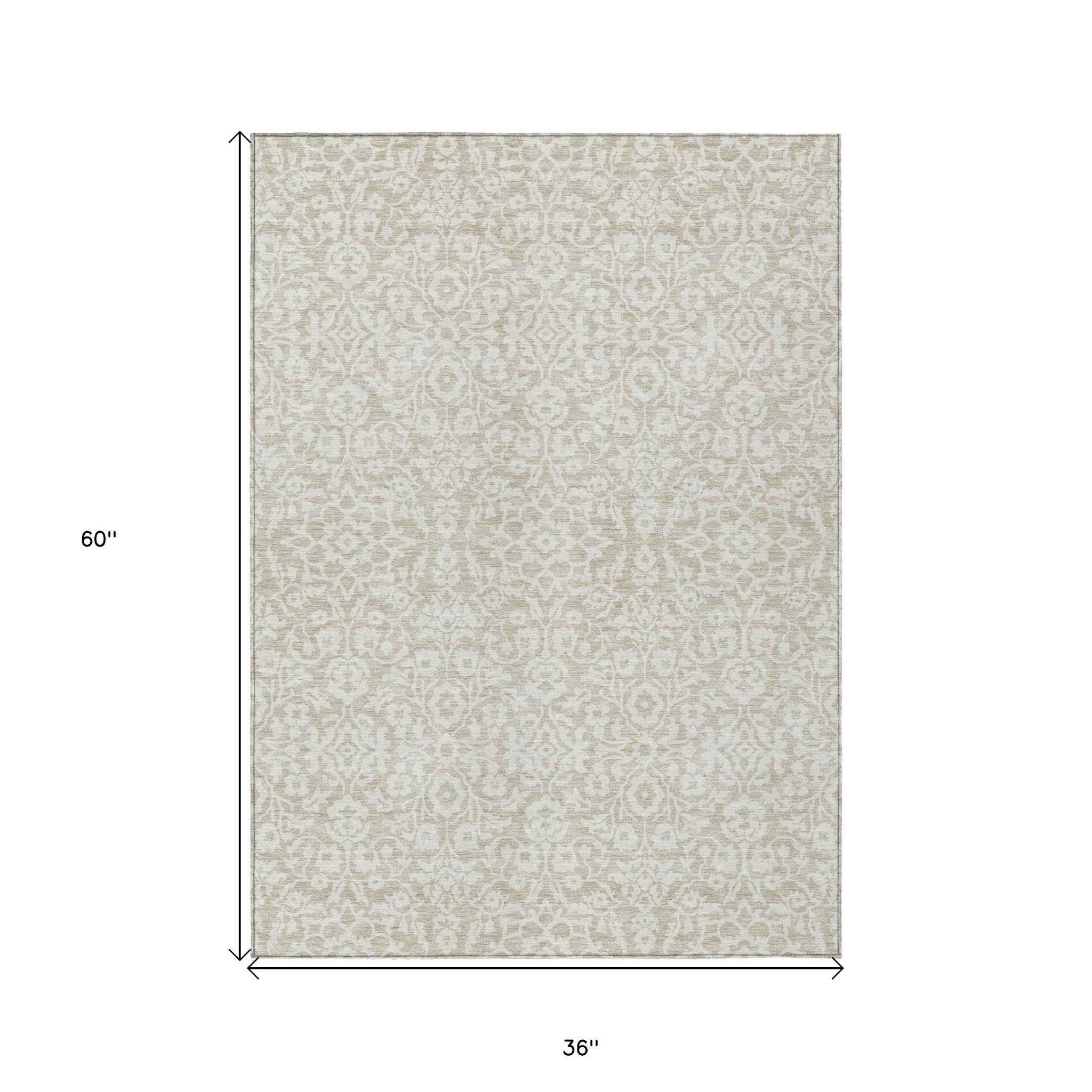 3' X 5' Beige And Ivory Damask Washable Indoor Outdoor Area Rug