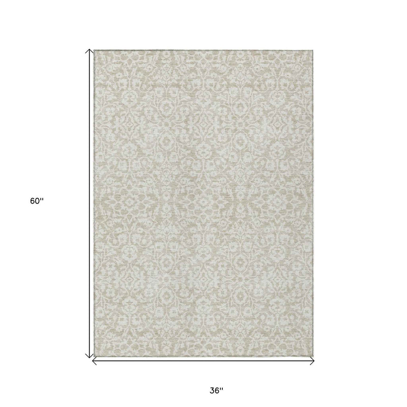 3' X 5' Beige And Ivory Damask Washable Indoor Outdoor Area Rug
