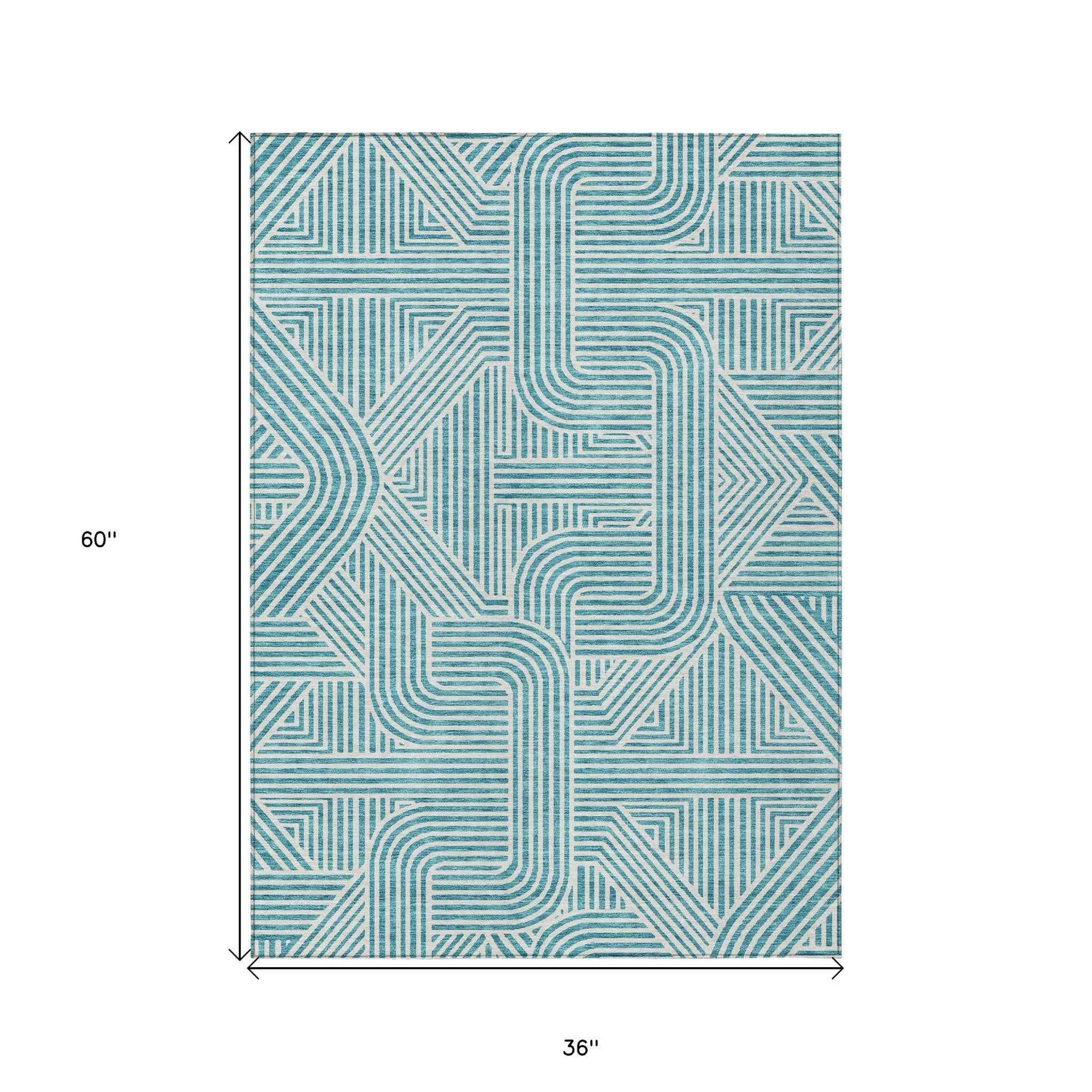 3' X 5' Teal Blue And Ivory Abstract Washable Indoor Outdoor Area Rug
