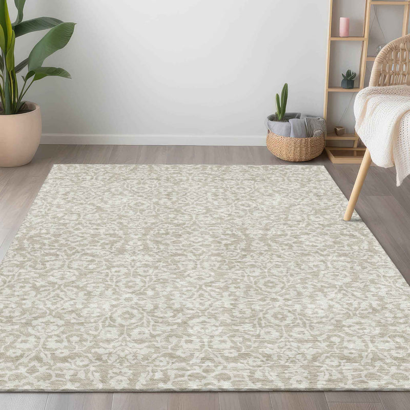 3' X 5' Beige And Ivory Damask Washable Indoor Outdoor Area Rug