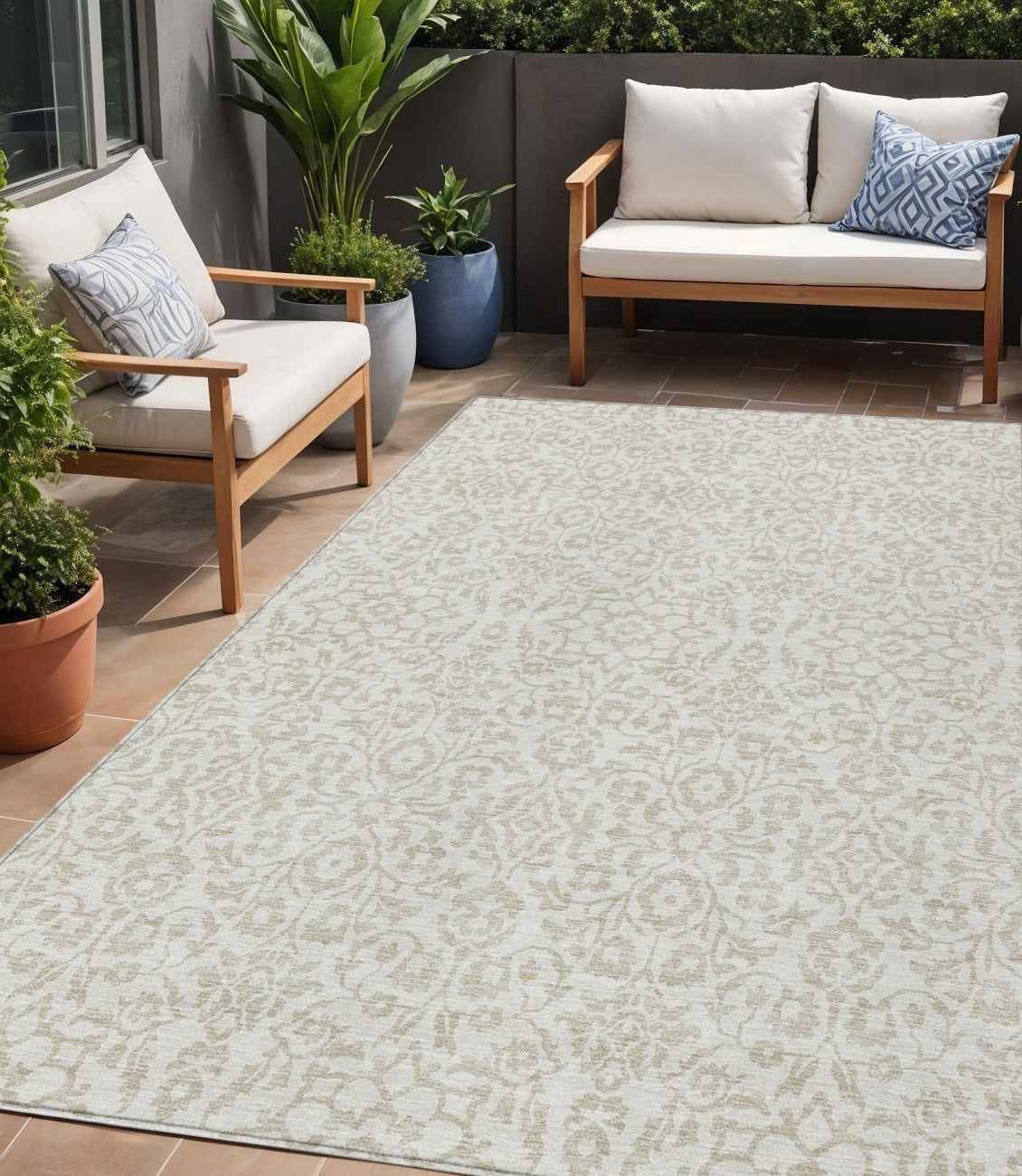 5' X 8' Ivory And Beige Damask Washable Indoor Outdoor Area Rug