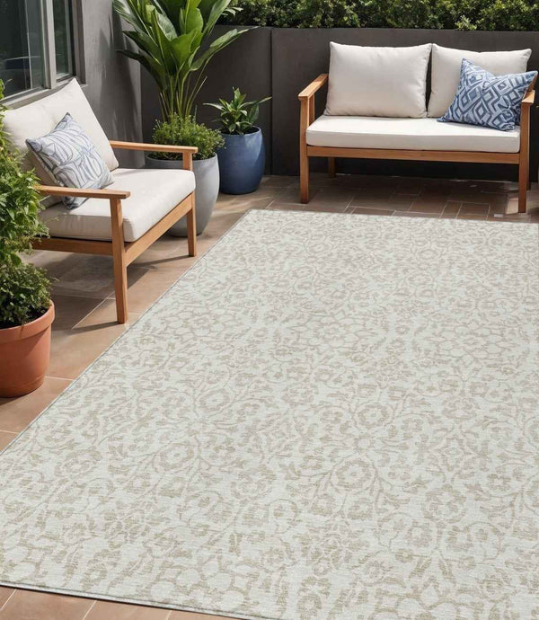 5' X 8' Ivory And Beige Damask Washable Indoor Outdoor Area Rug