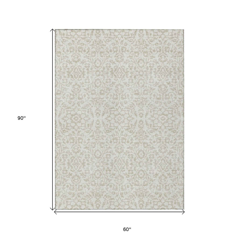 5' X 8' Ivory And Beige Damask Washable Indoor Outdoor Area Rug