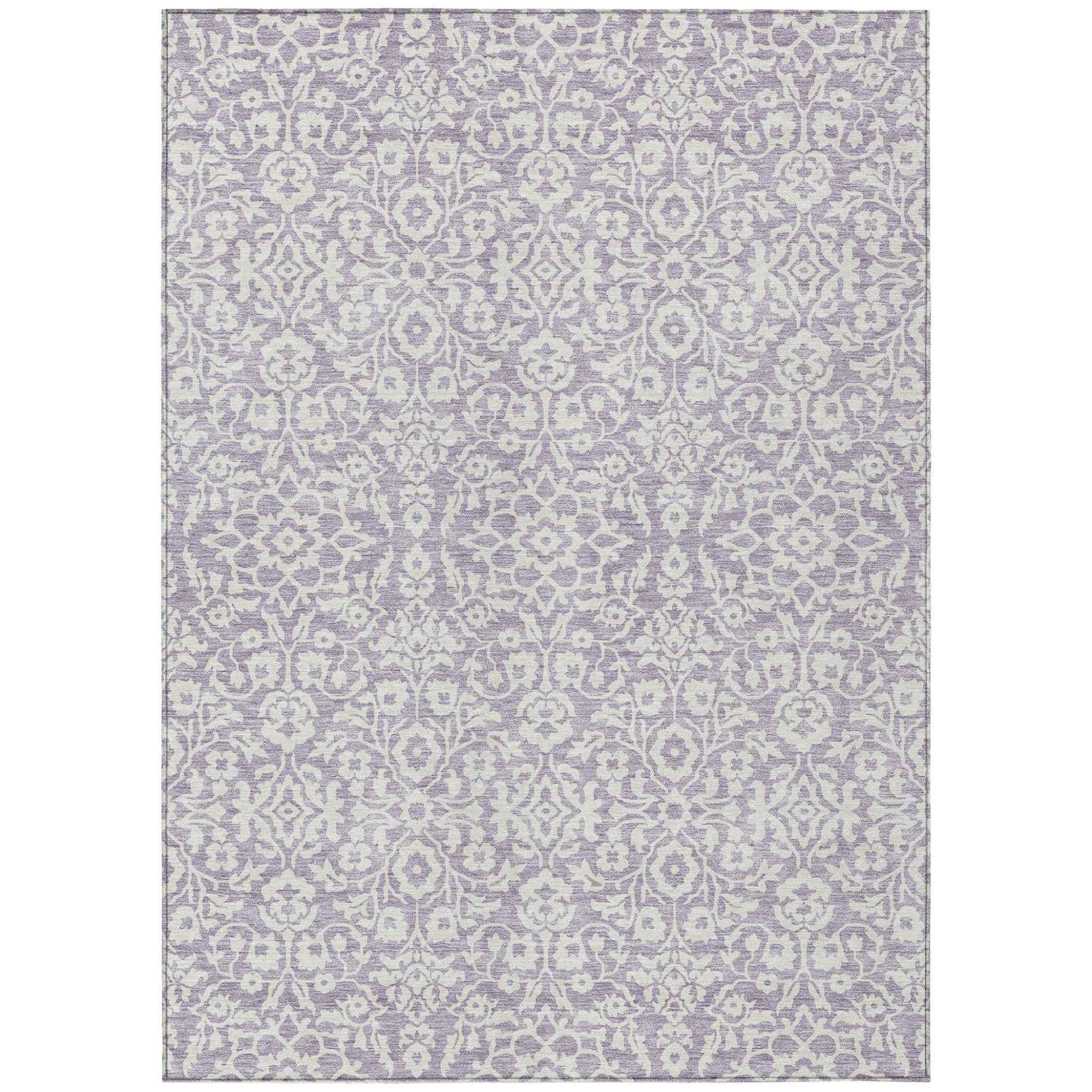 9' X 12' Lavender And Ivory Damask Washable Indoor Outdoor Area Rug