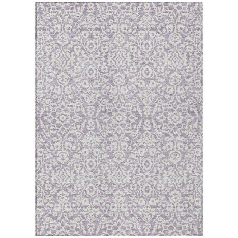 9' X 12' Lavender And Ivory Damask Washable Indoor Outdoor Area Rug