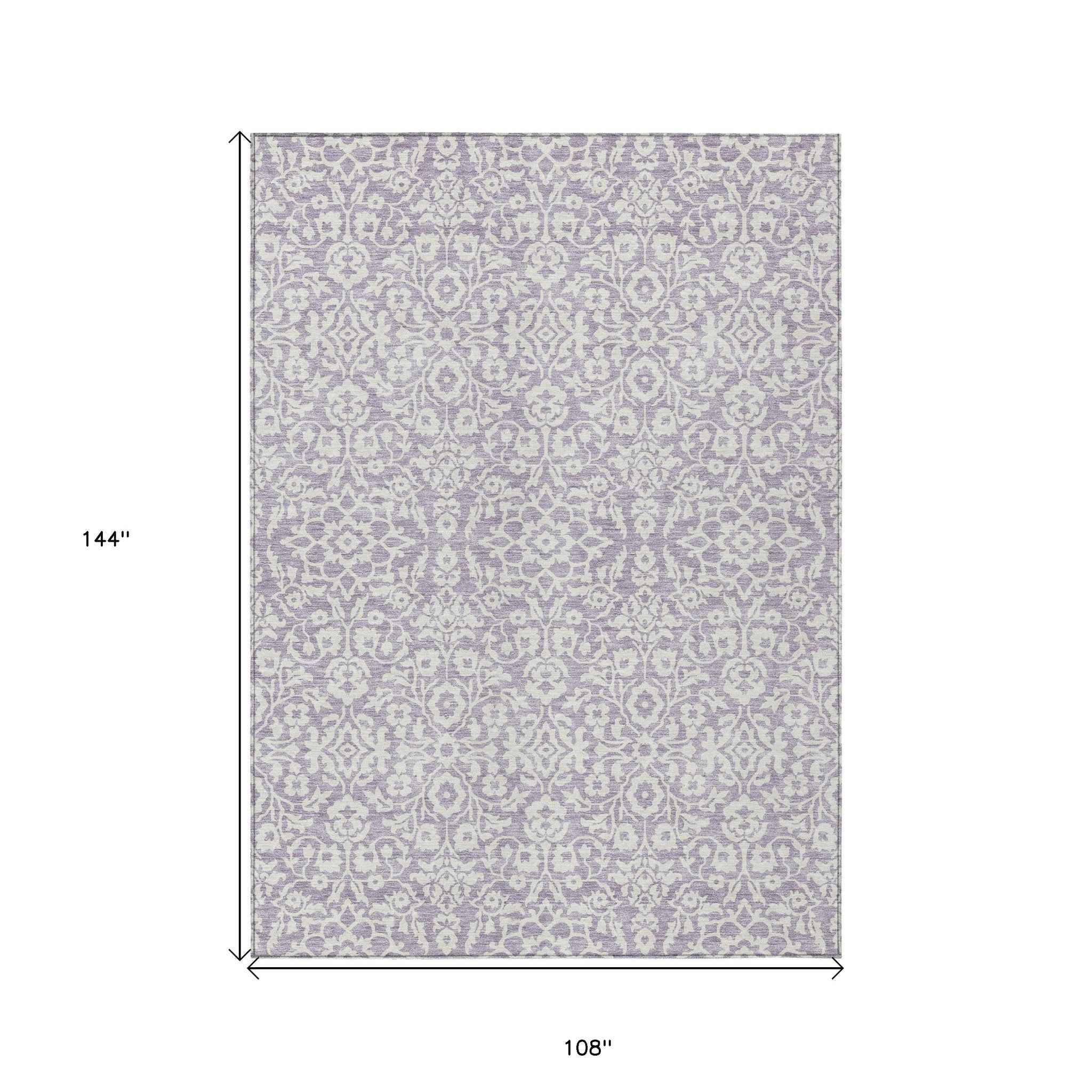 9' X 12' Lavender And Ivory Damask Washable Indoor Outdoor Area Rug