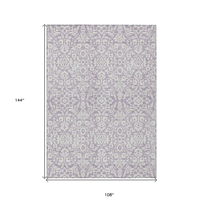 9' X 12' Lavender And Ivory Damask Washable Indoor Outdoor Area Rug