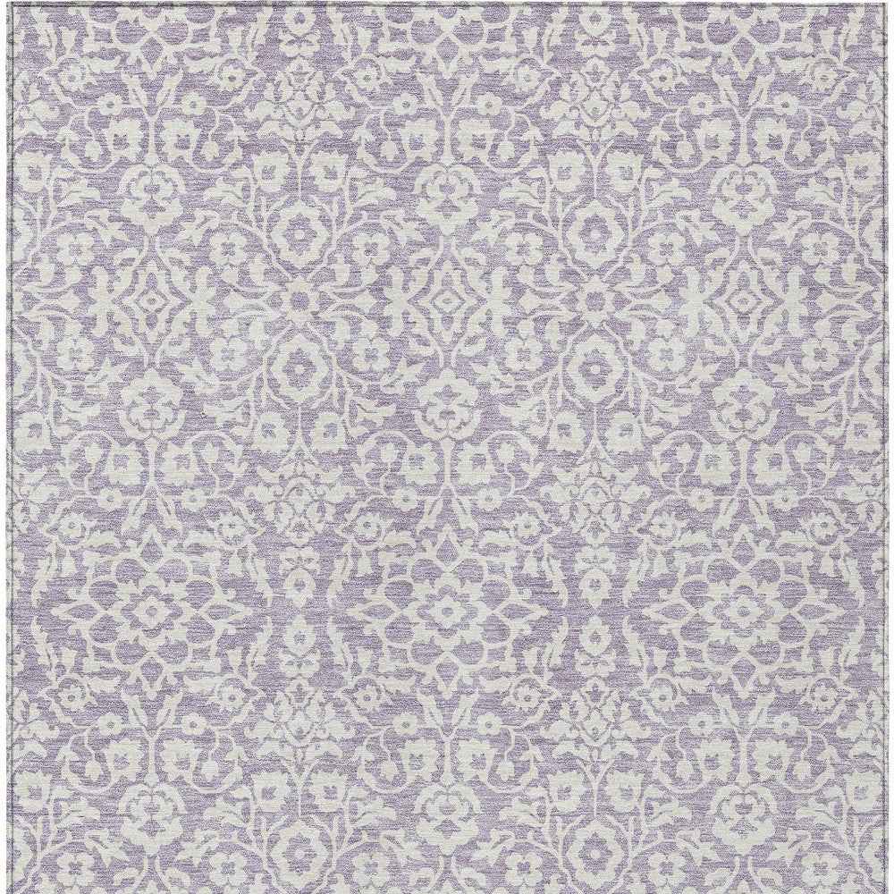 9' X 12' Lavender And Ivory Damask Washable Indoor Outdoor Area Rug