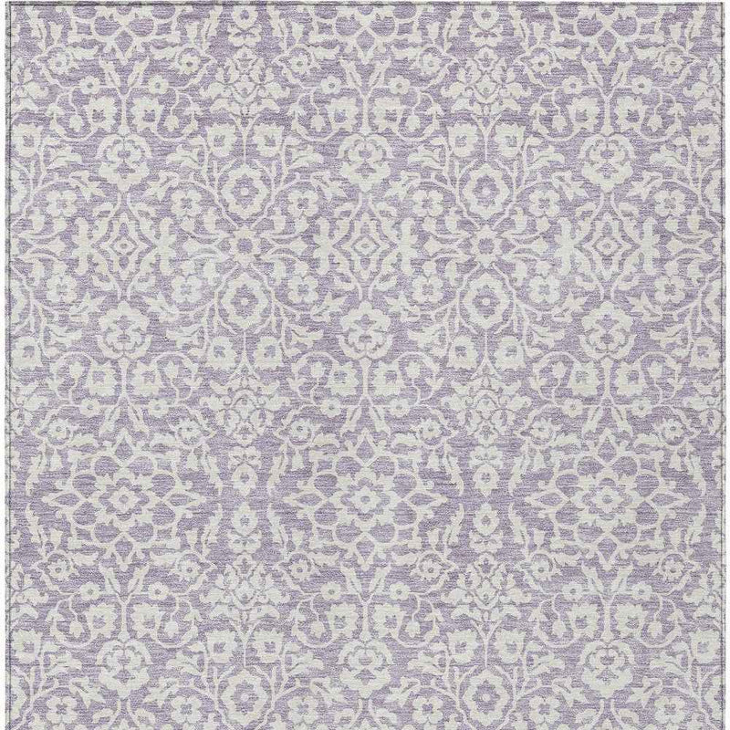 9' X 12' Lavender And Ivory Damask Washable Indoor Outdoor Area Rug