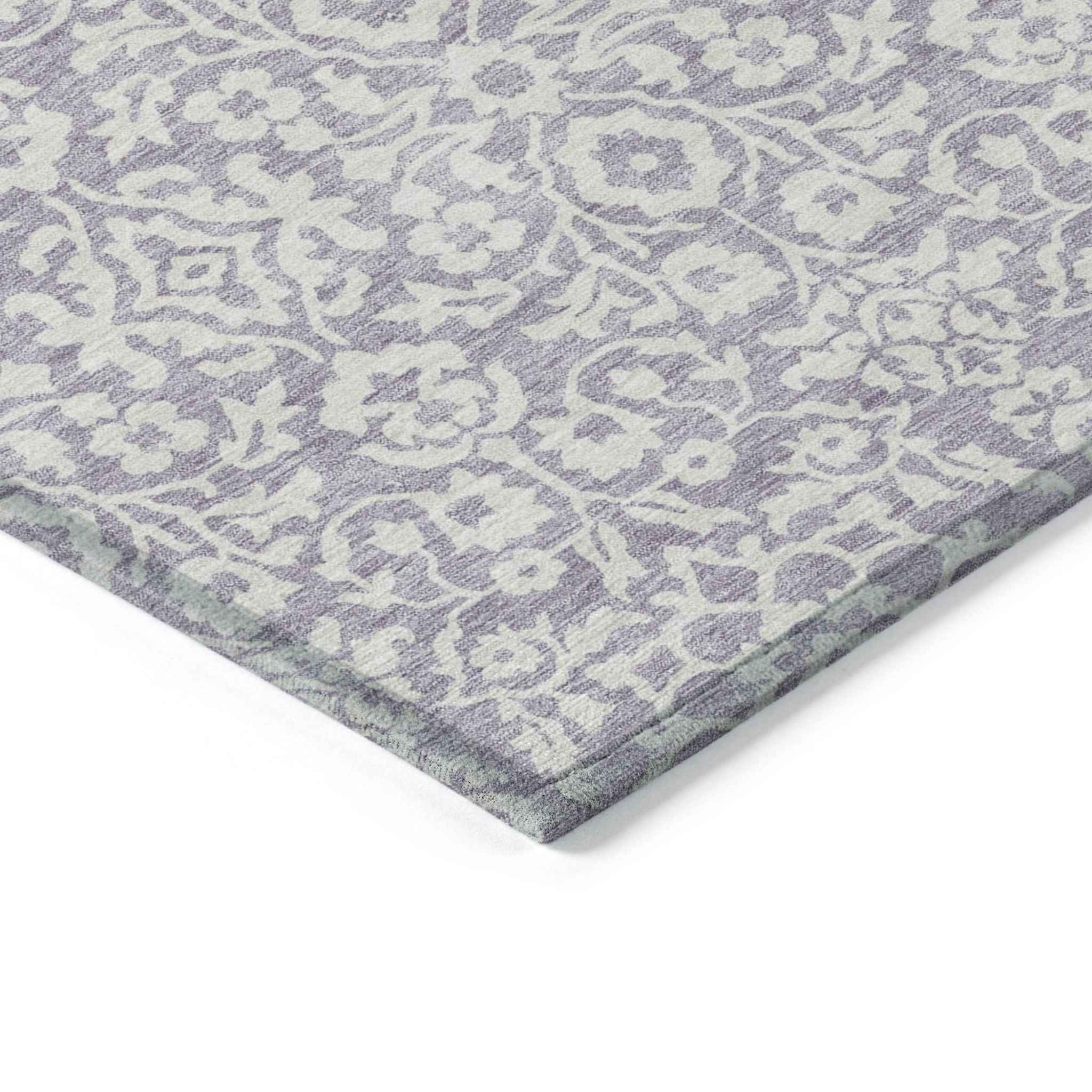 9' X 12' Lavender And Ivory Damask Washable Indoor Outdoor Area Rug