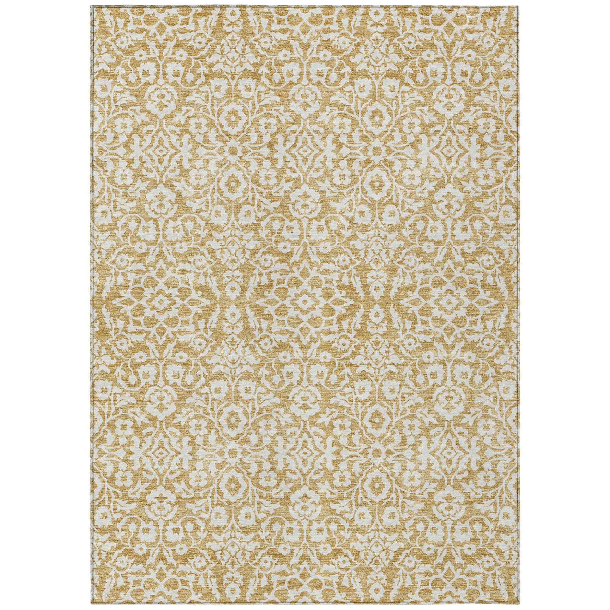 10' X 14' Gold And Beige Damask Washable Indoor Outdoor Area Rug