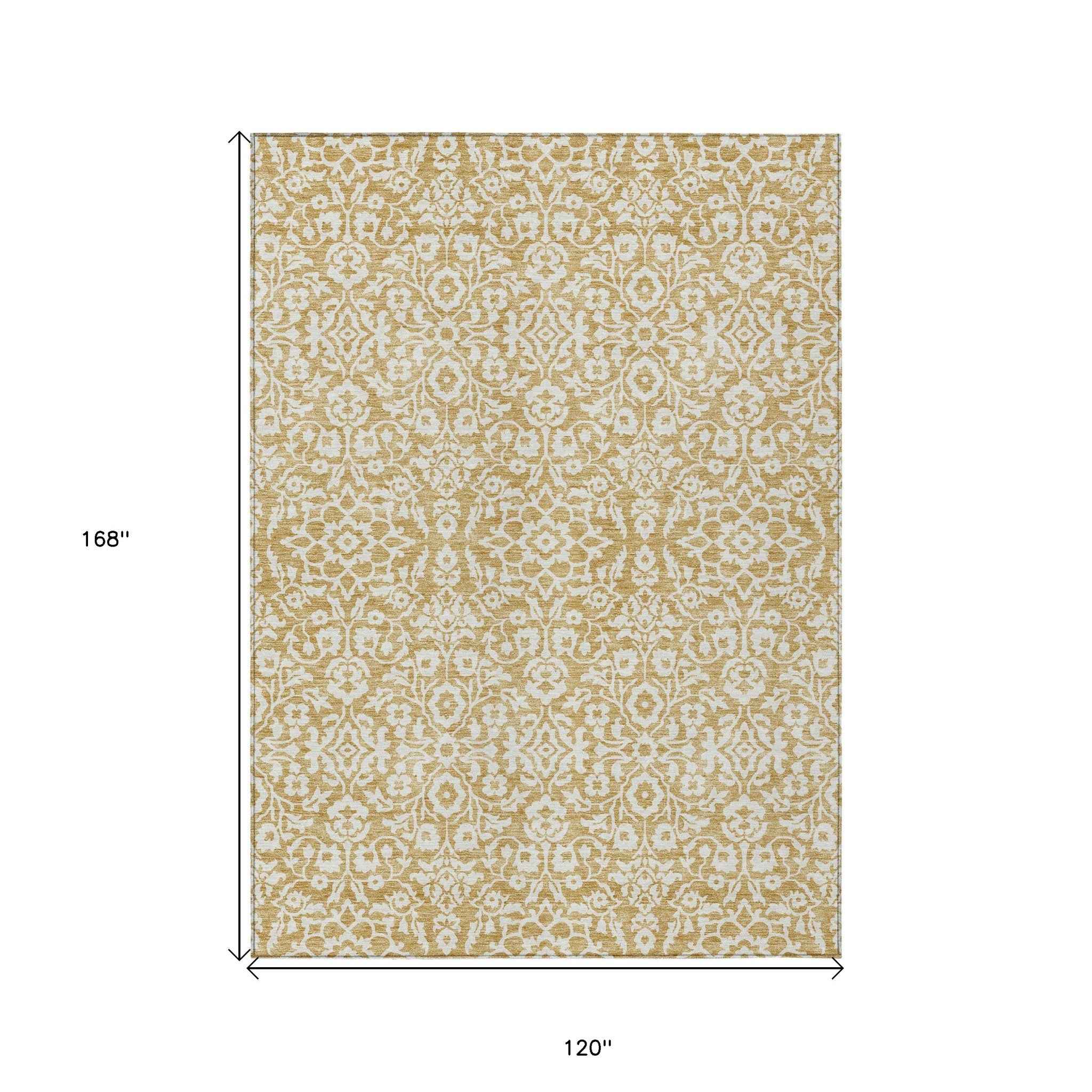 10' X 14' Gold And Beige Damask Washable Indoor Outdoor Area Rug