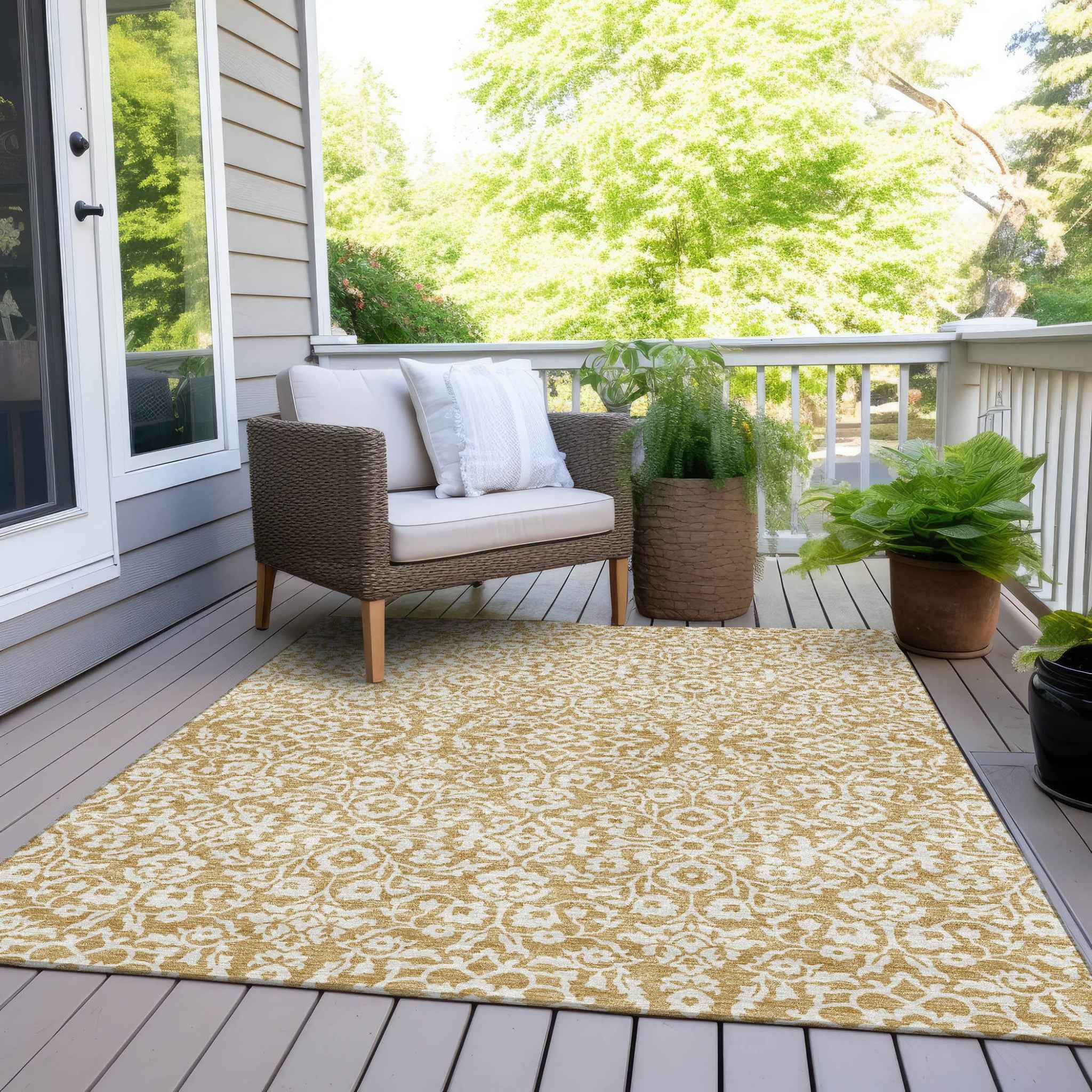 10' X 14' Gold And Beige Damask Washable Indoor Outdoor Area Rug