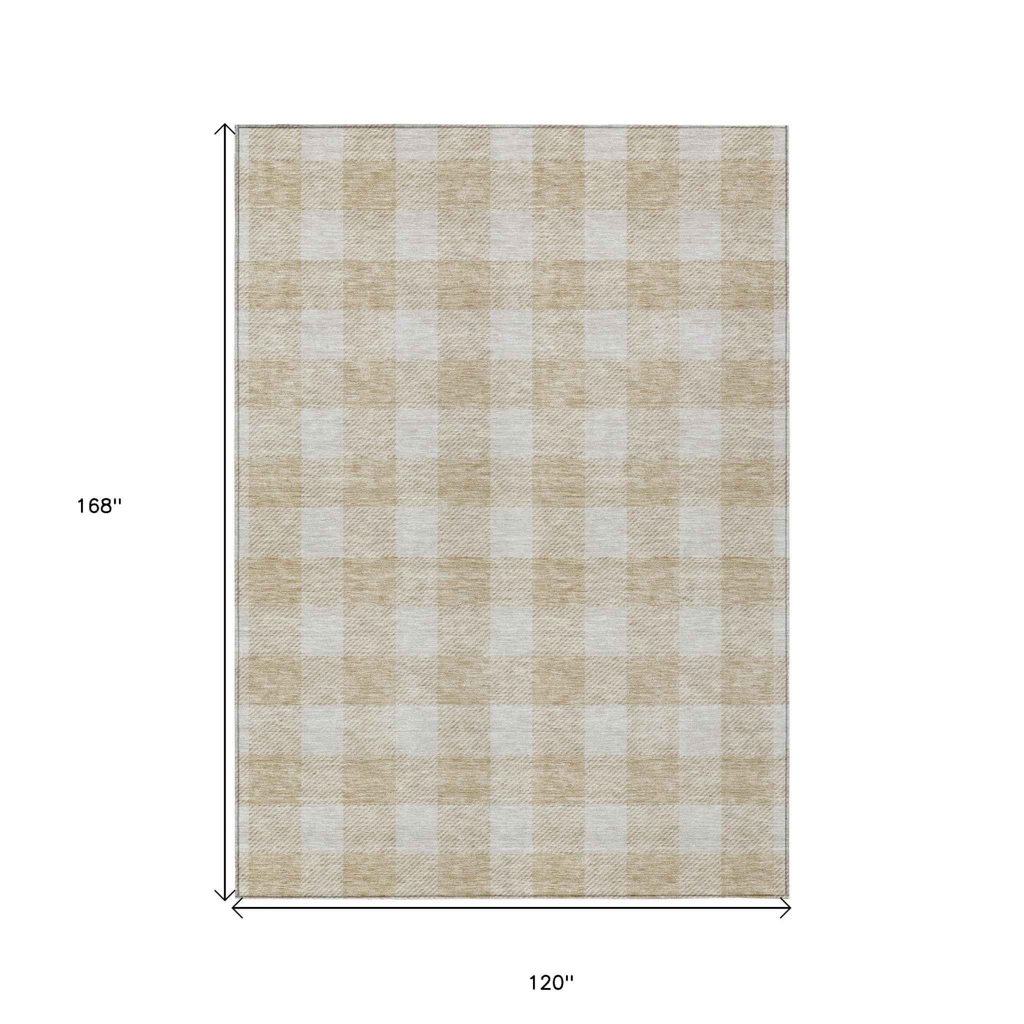 10' X 14' Beige And Gray Plaid Washable Indoor Outdoor Area Rug