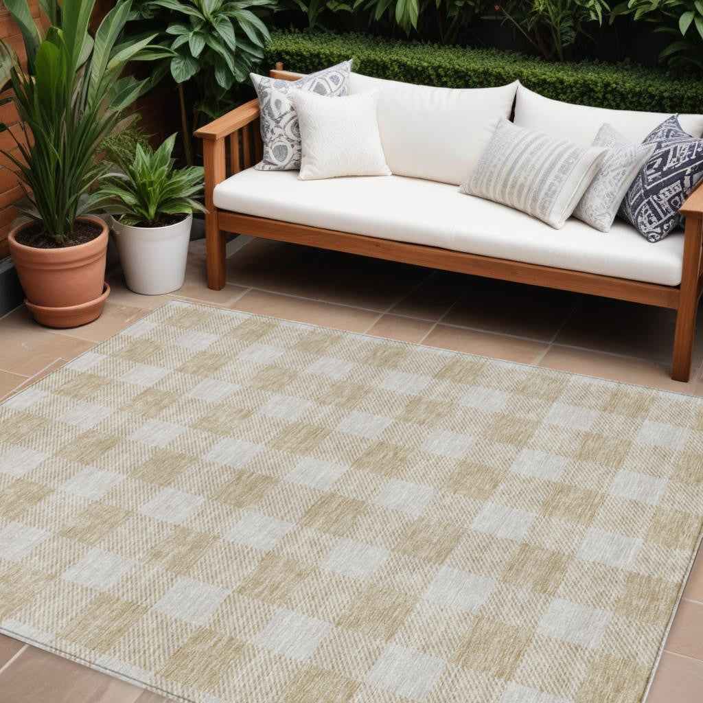 10' X 14' Beige And Gray Plaid Washable Indoor Outdoor Area Rug