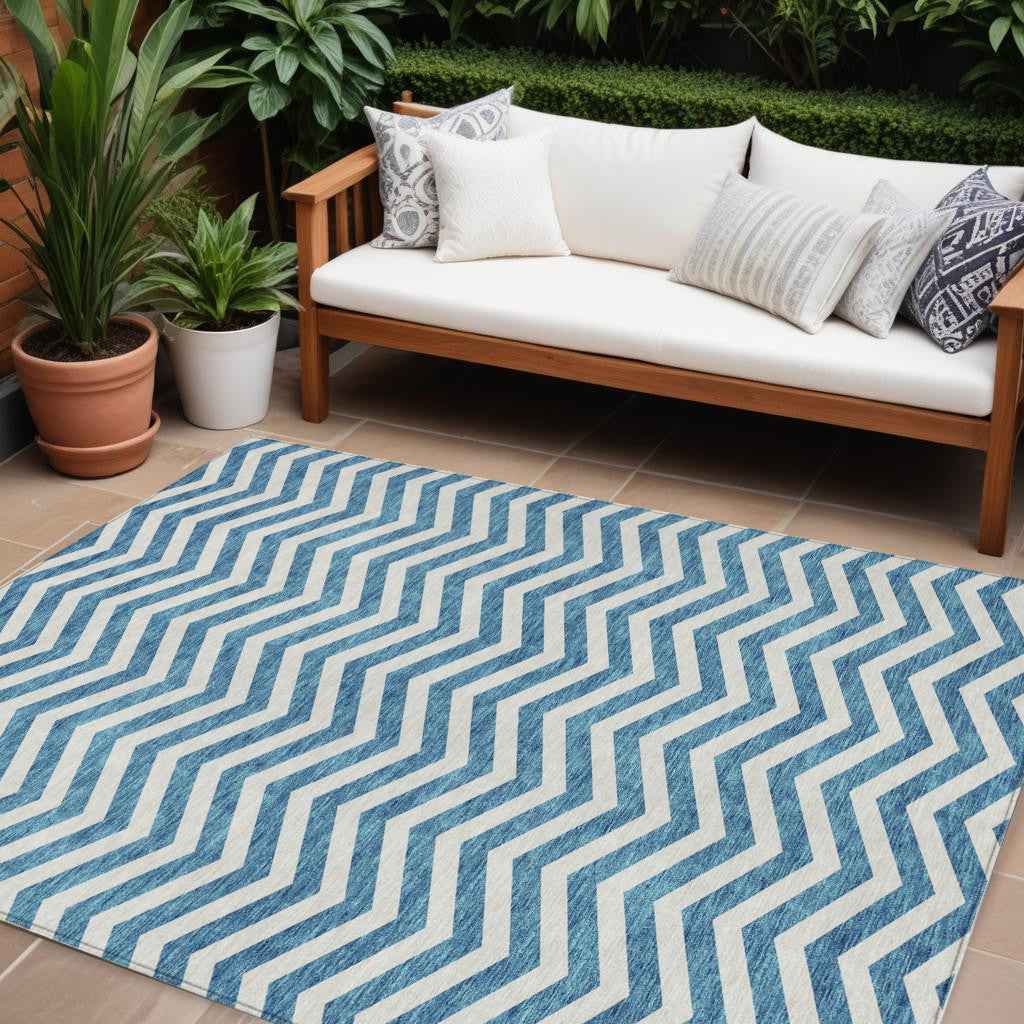 8' X 10' Teal Blue And Ivory Chevron Washable Indoor Outdoor Area Rug