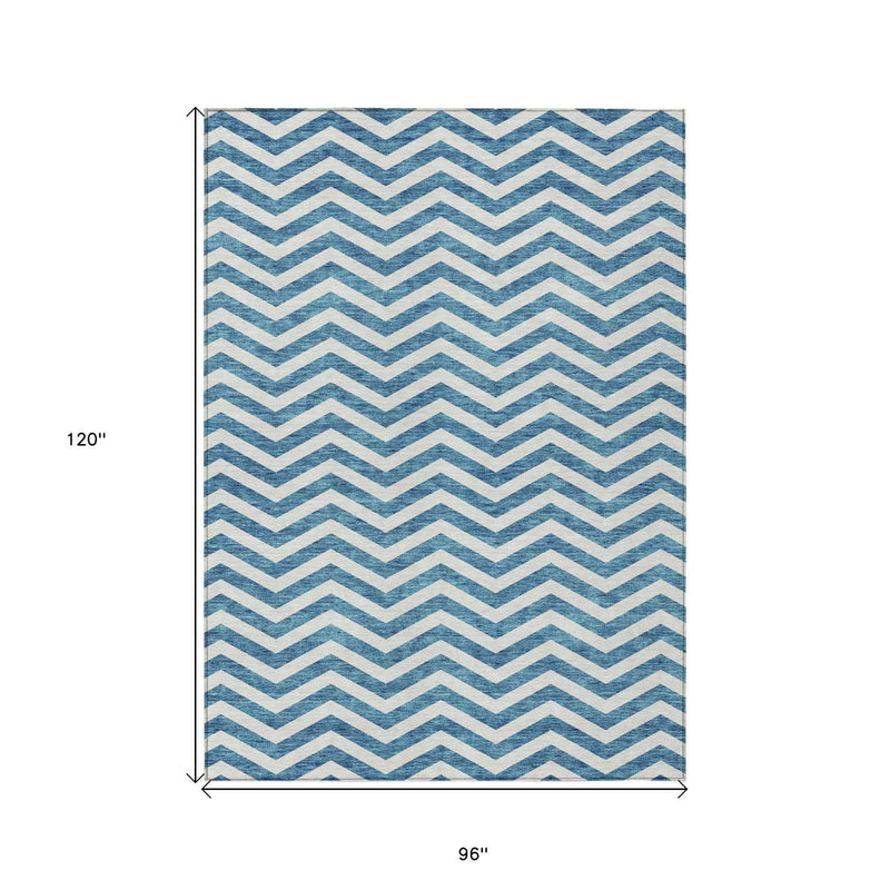 8' X 10' Teal Blue And Ivory Chevron Washable Indoor Outdoor Area Rug