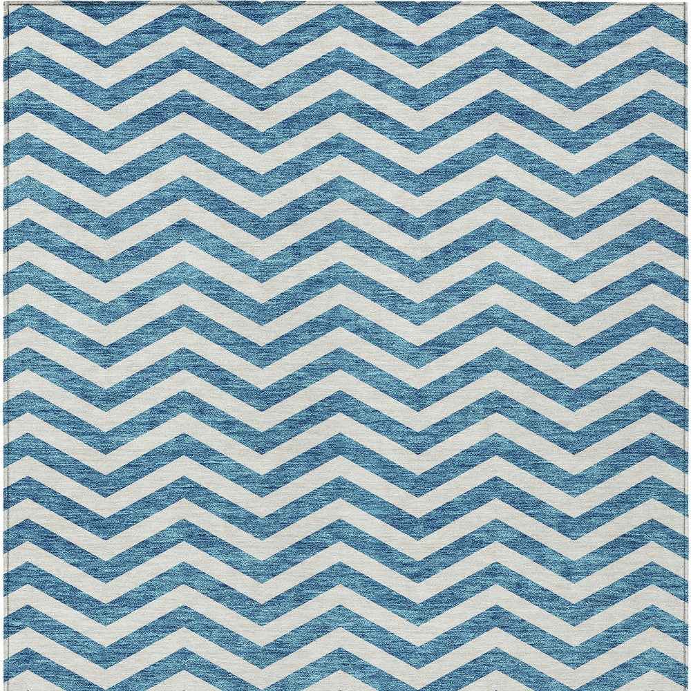 8' X 10' Teal Blue And Ivory Chevron Washable Indoor Outdoor Area Rug