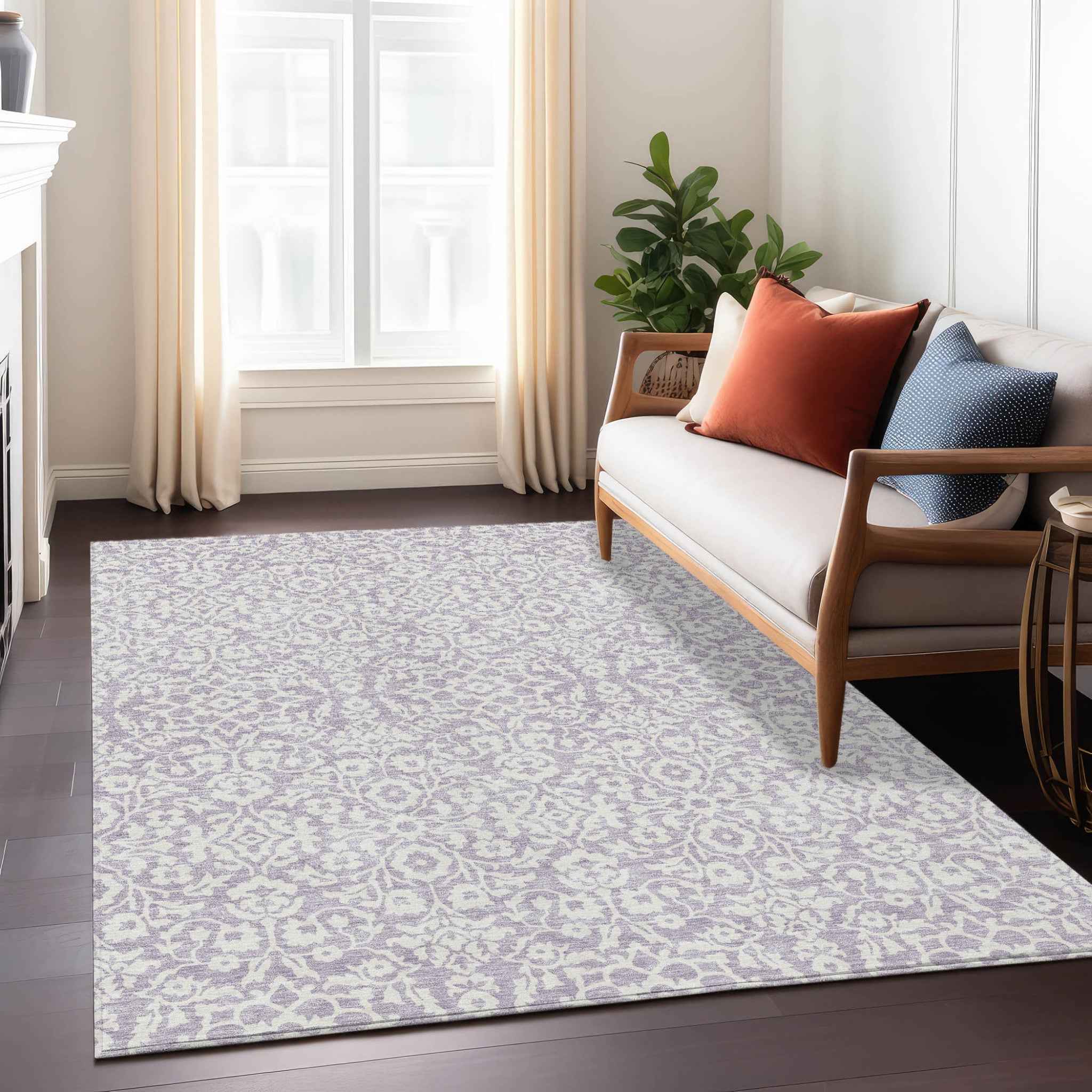 8' X 10' Lavender And Ivory Damask Washable Indoor Outdoor Area Rug